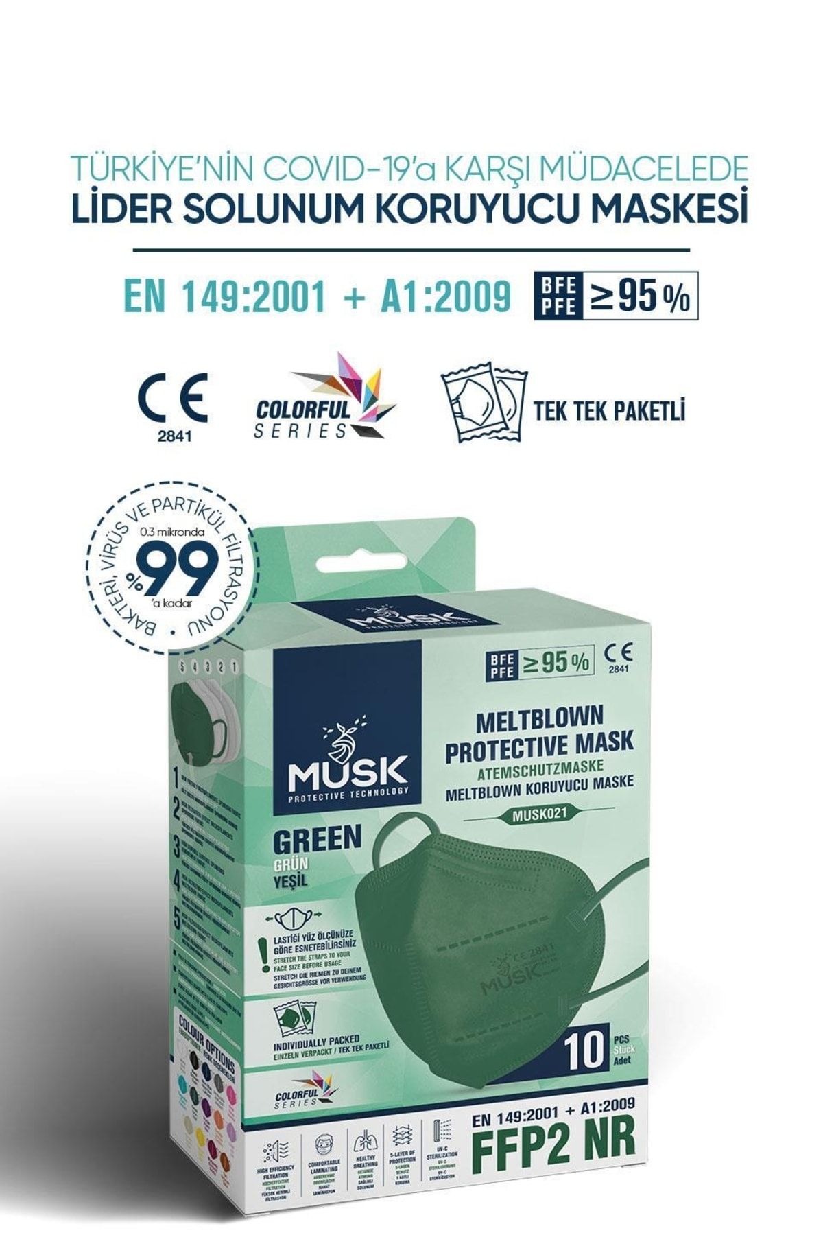 FFP2 Maske Yeşil Renk 10 Adet