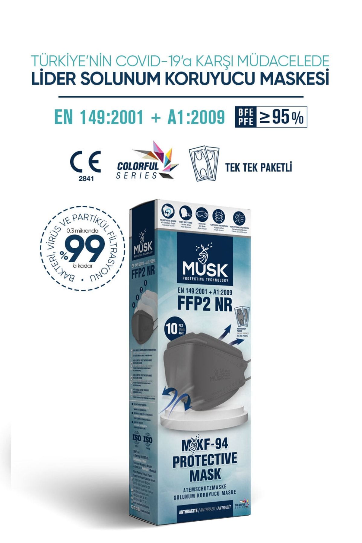 KF94 Kore Tipi N95 Maske Gri Renk 10 Adet