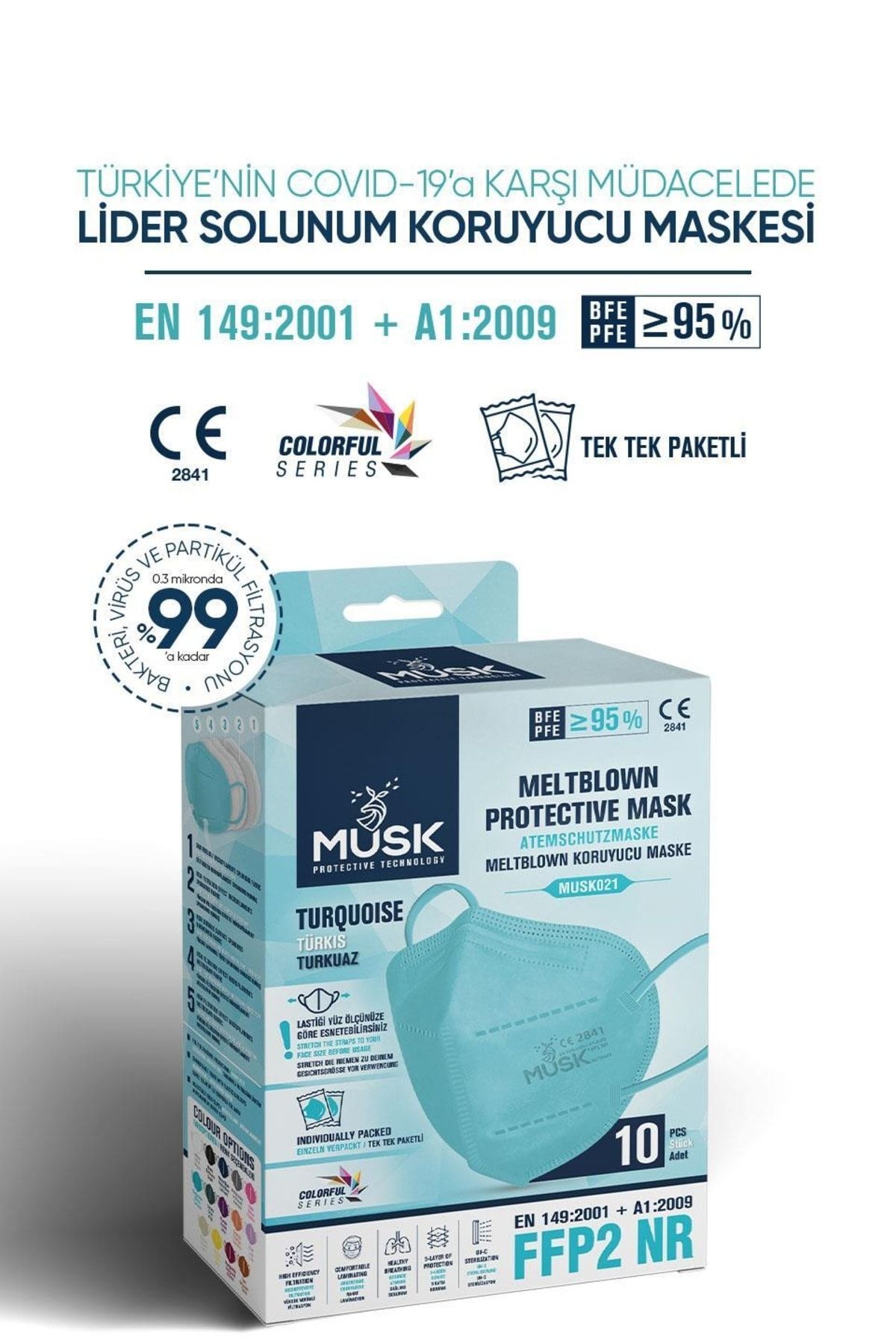 Ffp2 Maske Turkuaz Renk 10 Adet