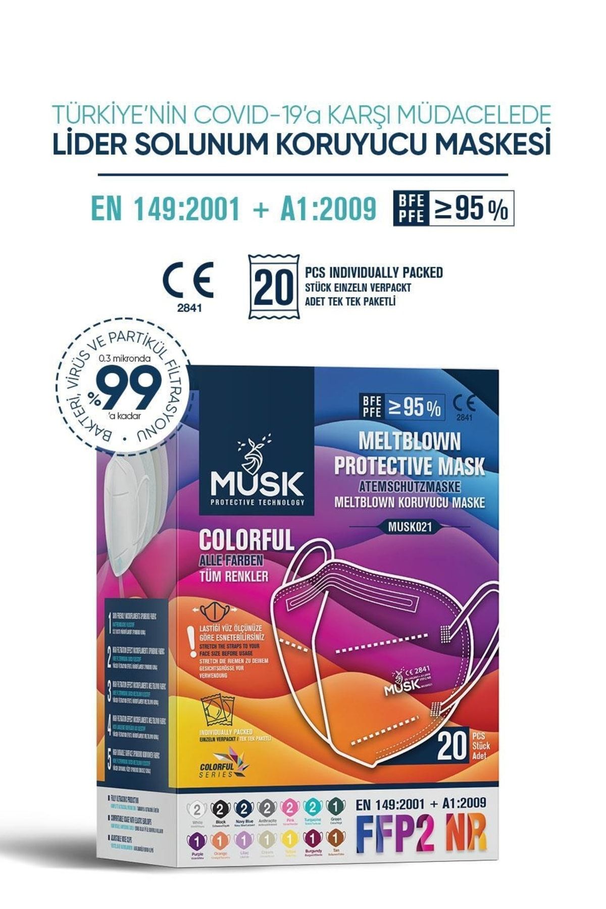 N95 Maske Mix Colorful Kutusu 20 Adet