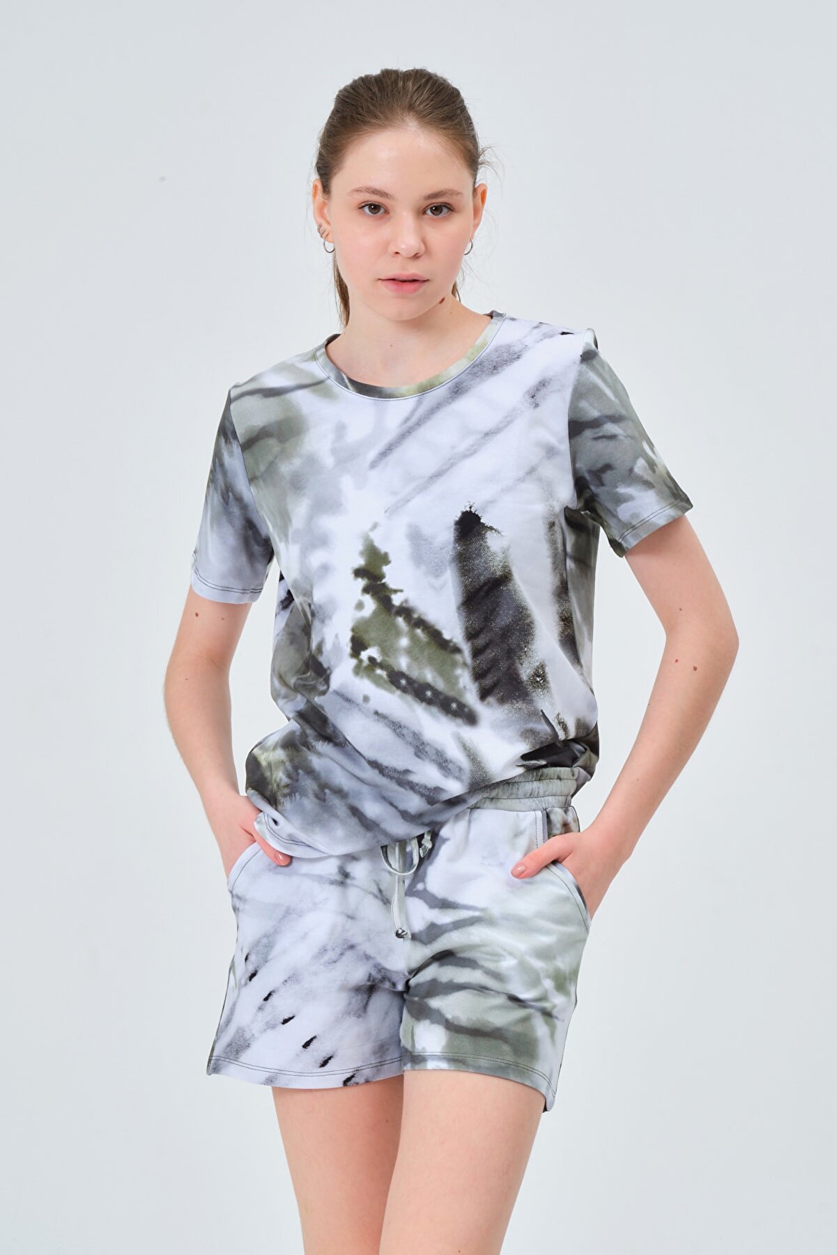 Bel Bağlamalı Günlük Plaj Spor Örme Batik Desent-shirt&amp;şort Takım