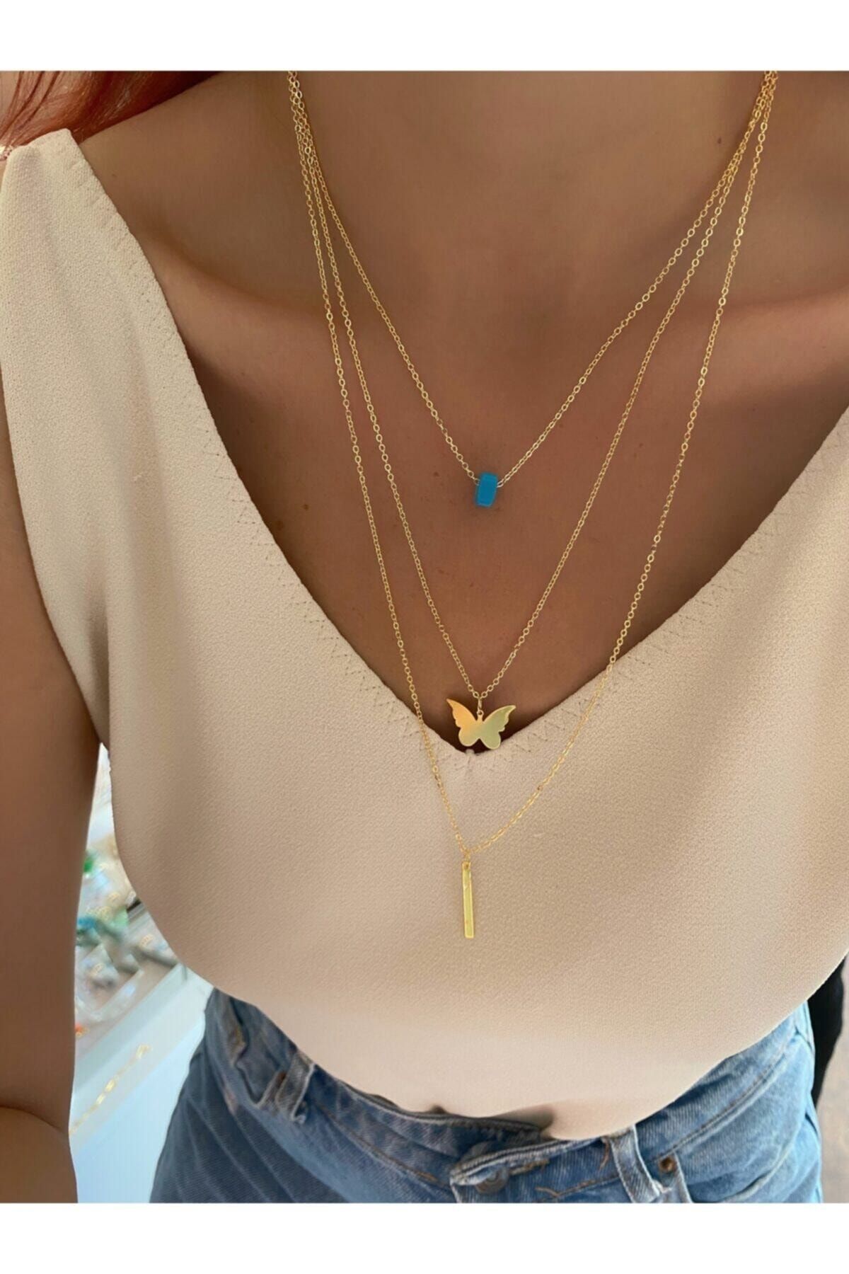 Premium Pul Kelebek Kolye Üçlü Gold