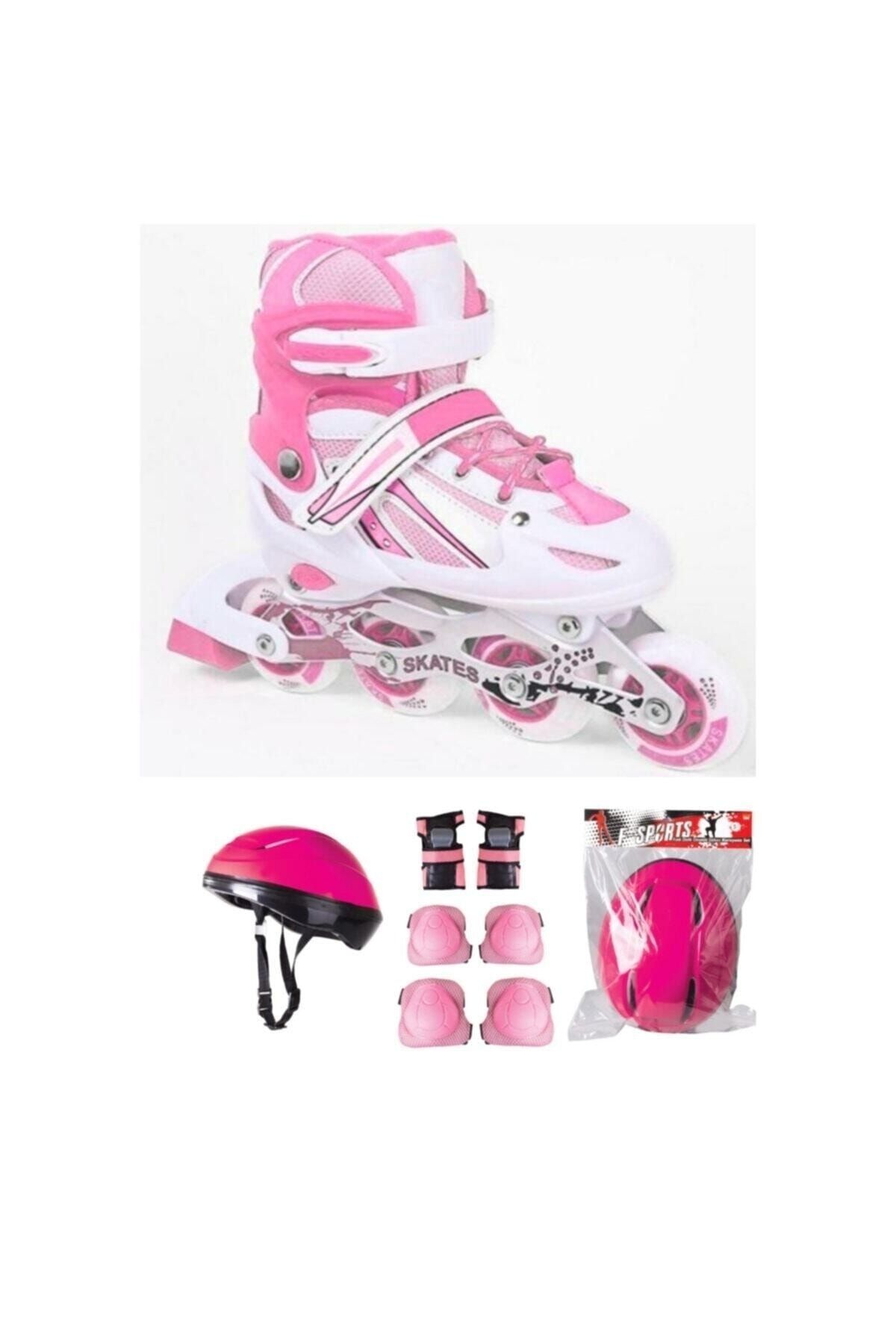 Pembe Çift Sıra Ayarlanabilir Alıştırma Pateni + Kask + Dizlik Seti