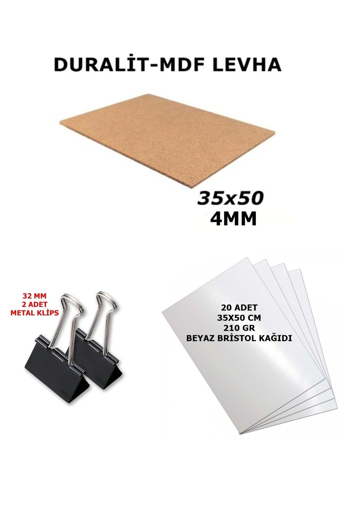 1 Adet 35x50 Cm 4mm Duralit , 2 Adet 32 Mm Klips Ve 20 Adet 35x50 Cm Beyaz Bristol 210 gr