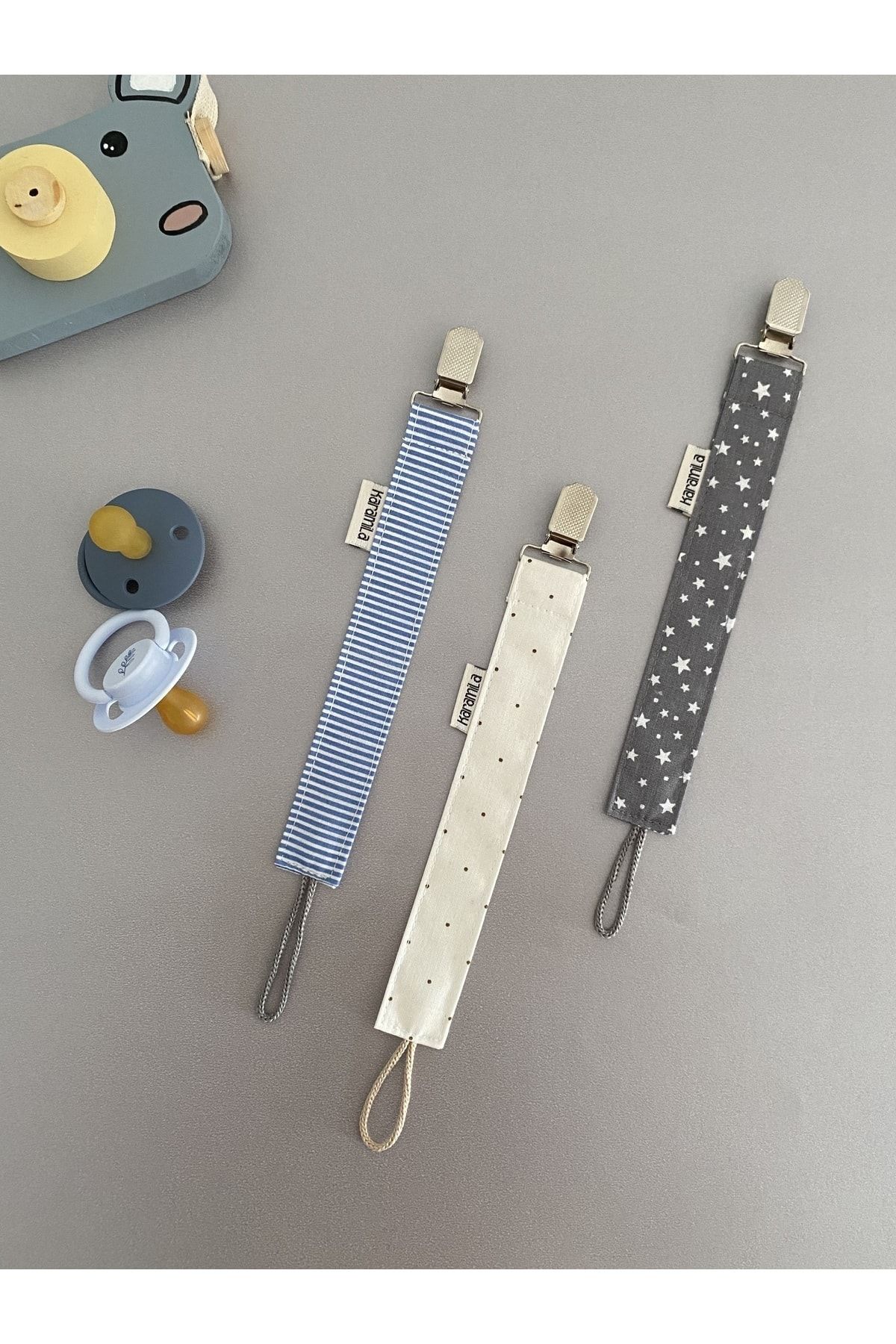 3’lü Set Erkek Bebek Emzik Askısı - Emzik Zinciri - Emzik Tutacağı