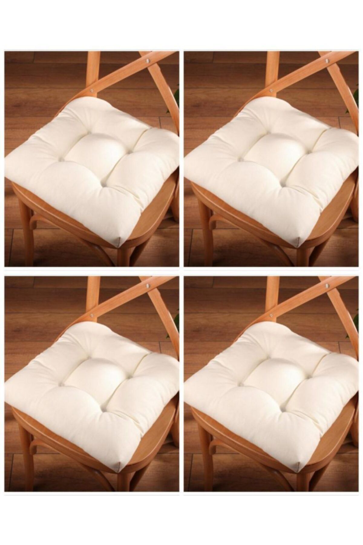 4'lü Gold Krem Pofidik Sandalye Minderi Özel Dikişli Bağcıklı 40x40cm