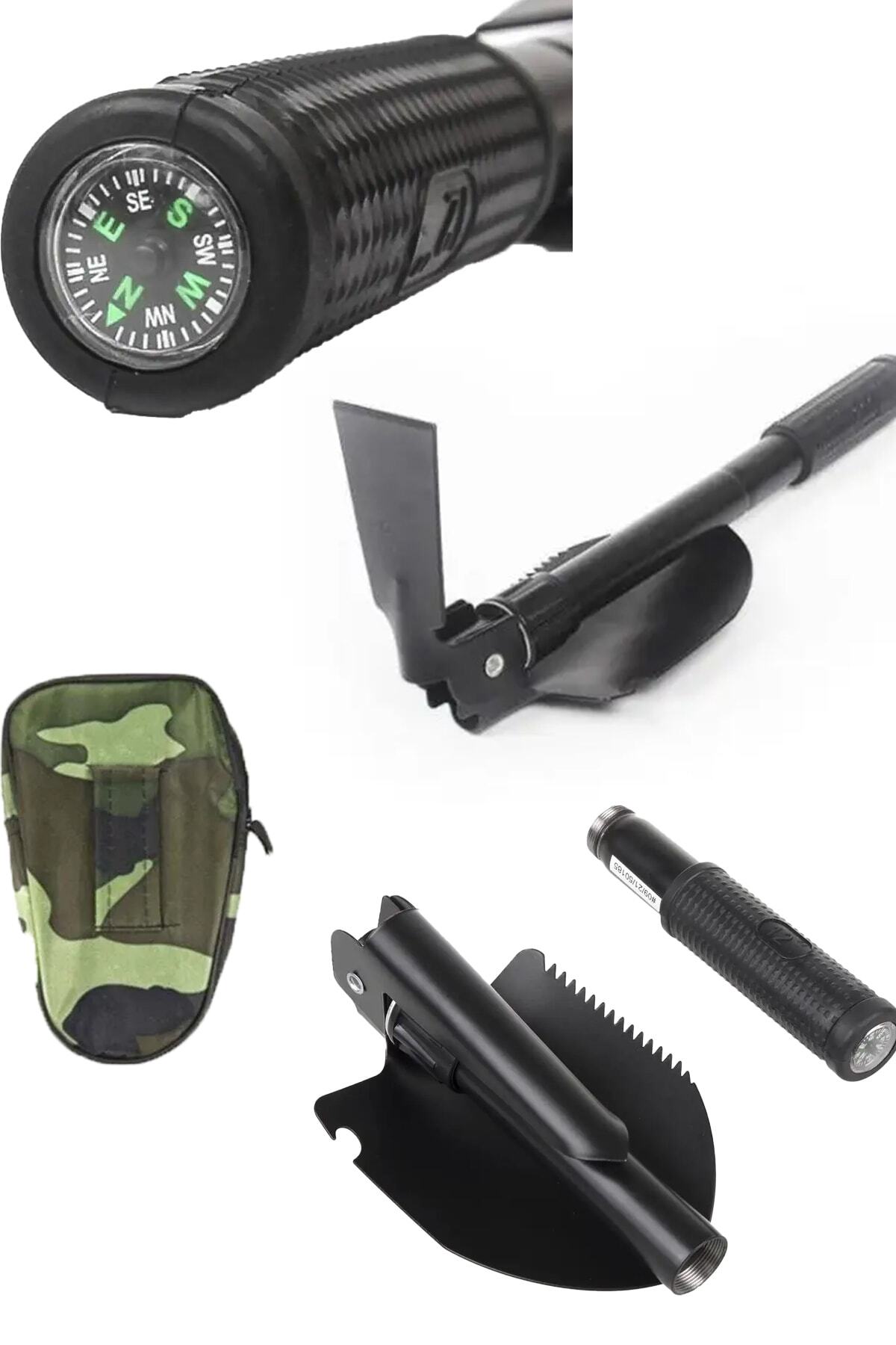 Pusulalı Portatif Katlanır Kazma Kürek Set Bahçe Ve Kamp Küreği Siyah