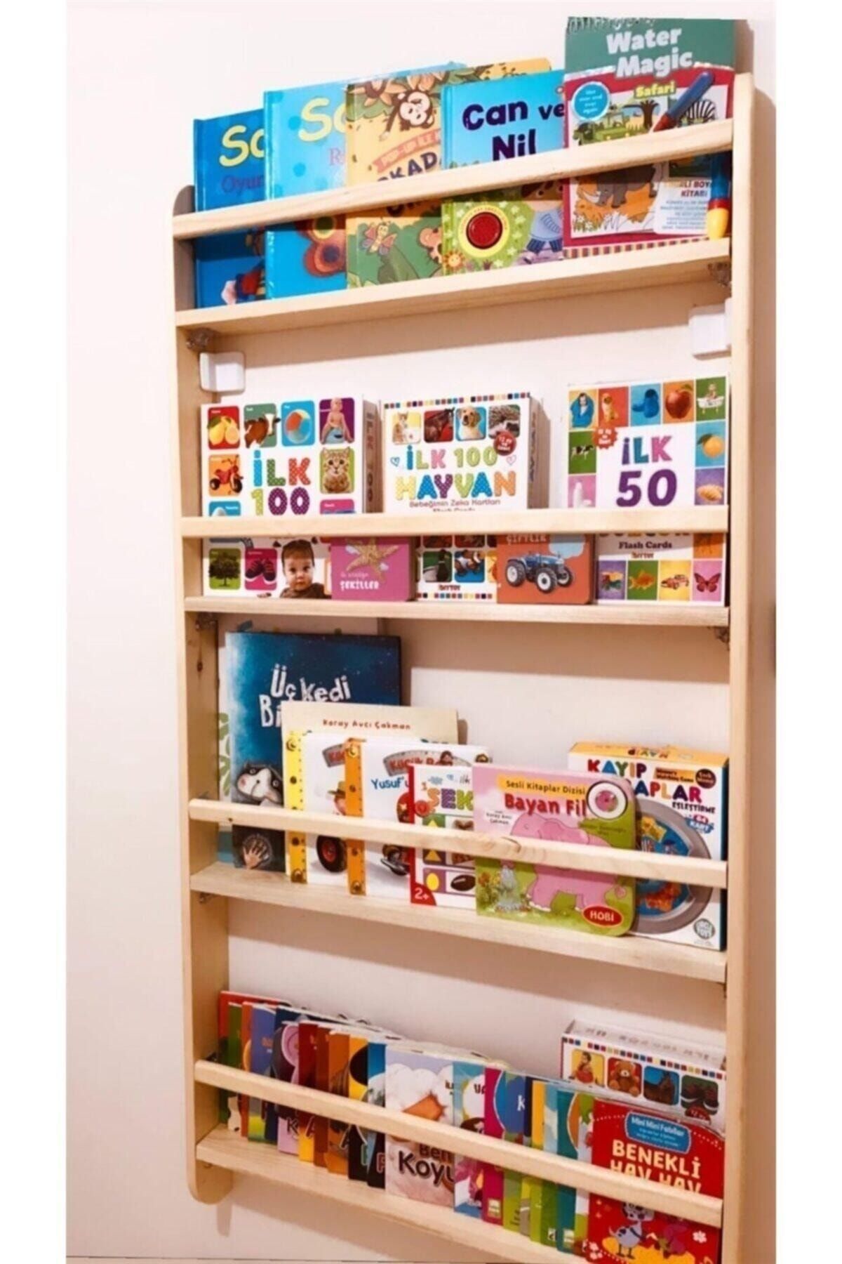 Ahşap Montessori Eğitici Çocuk Odası Kitaplık Rafı Duvara Monte 4 Bölmeli 120 Cm X 60 Cm X 6 Cm