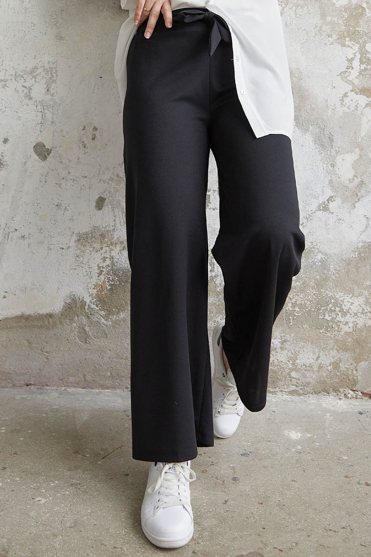 Beli Kuşaklı Bol Scuba Pantolon - Siyah