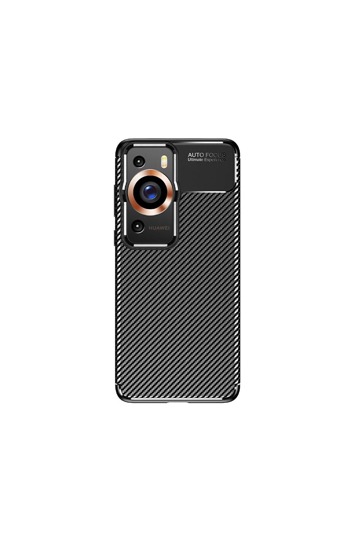 Huawei P60 Pro Uyumlu Kamera Korumalı (Karbon Tasarım) Koruyucu Lüx Silikon Kılıf Siyah