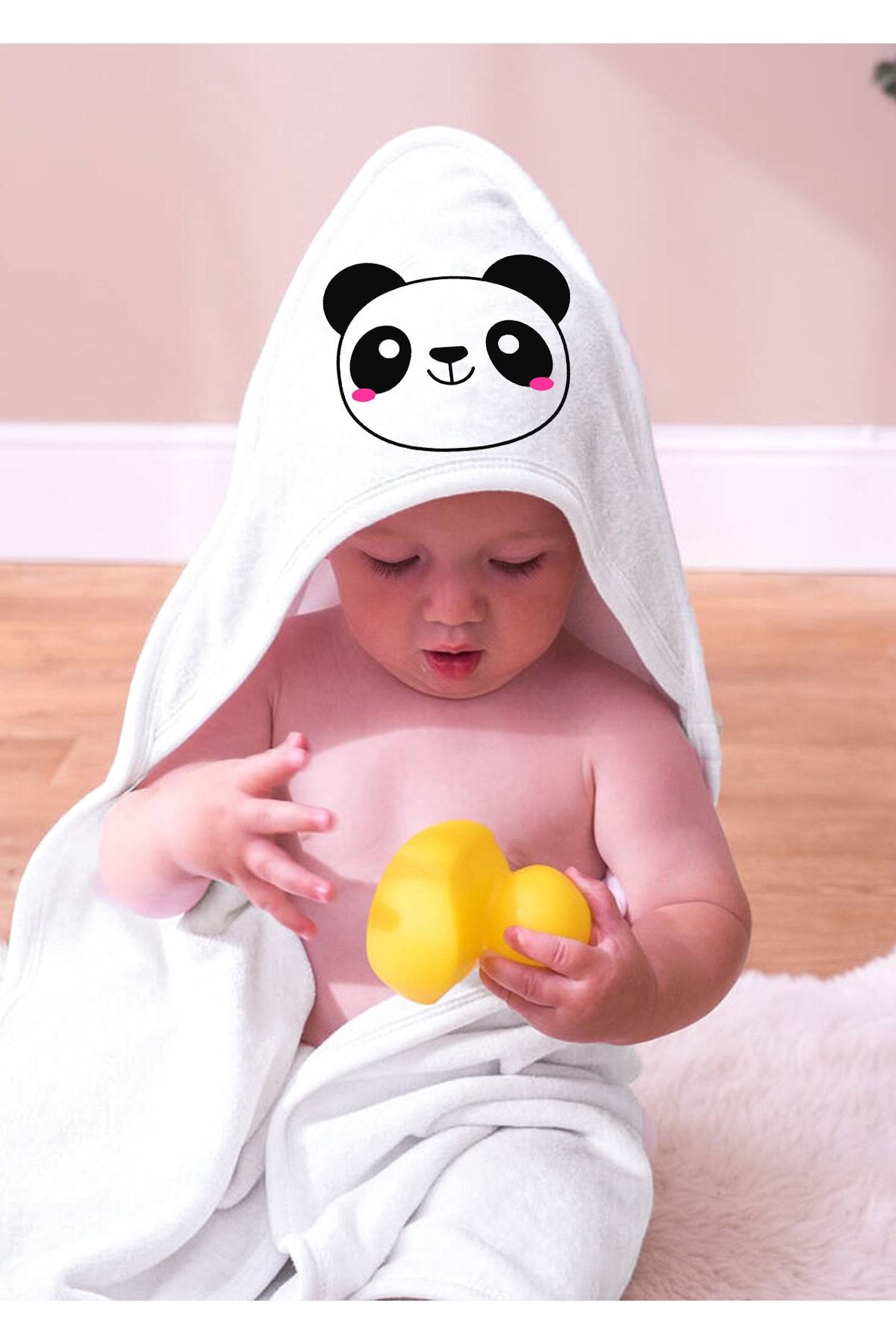 %100 Pamuk Bebek Havlu Kundak - Bebek Banyo Havlusu 75x75cm Panda Desenli