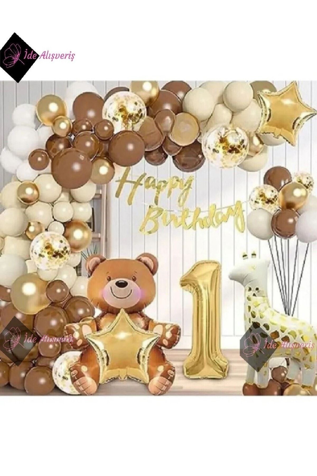 HAYVAN TEMALI FOLYO BALONLU KAHVERENGİ 1 YAŞ DOĞUM GÜNÜ PARTİ SETİ BALON SETİ