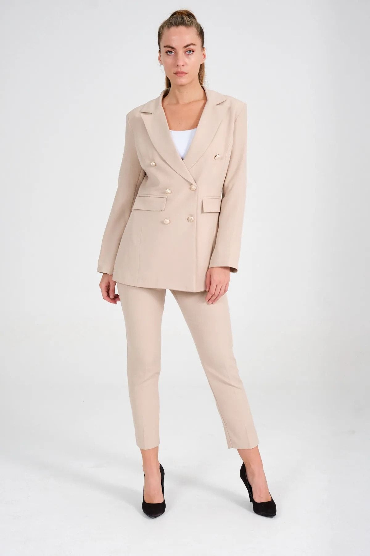 Kadın Blazer Ceket Kemerli Cepli Havuç Pantolon Takım