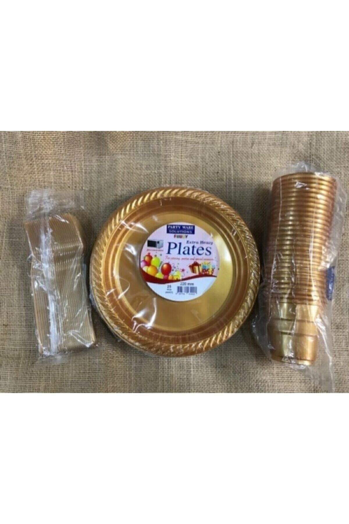 Gold Altın Tabak Bardak Çatal Set Plastik 25 Kişilik