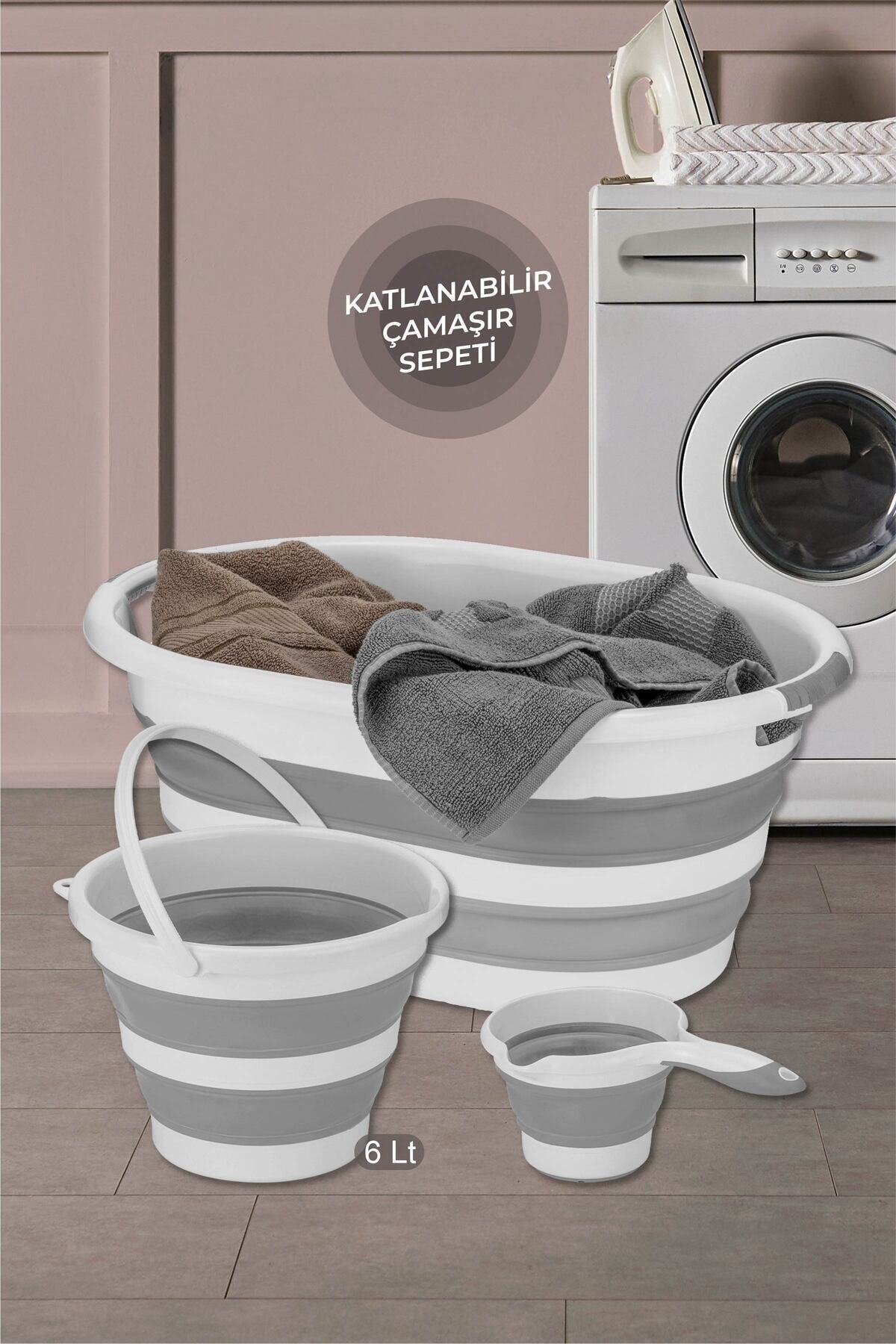 3'lü Temizlik Seti Middle - Katlanır Sele Çamaşır Sepeti - Katlanabilir Su Kovası - Koçero Maşrapa