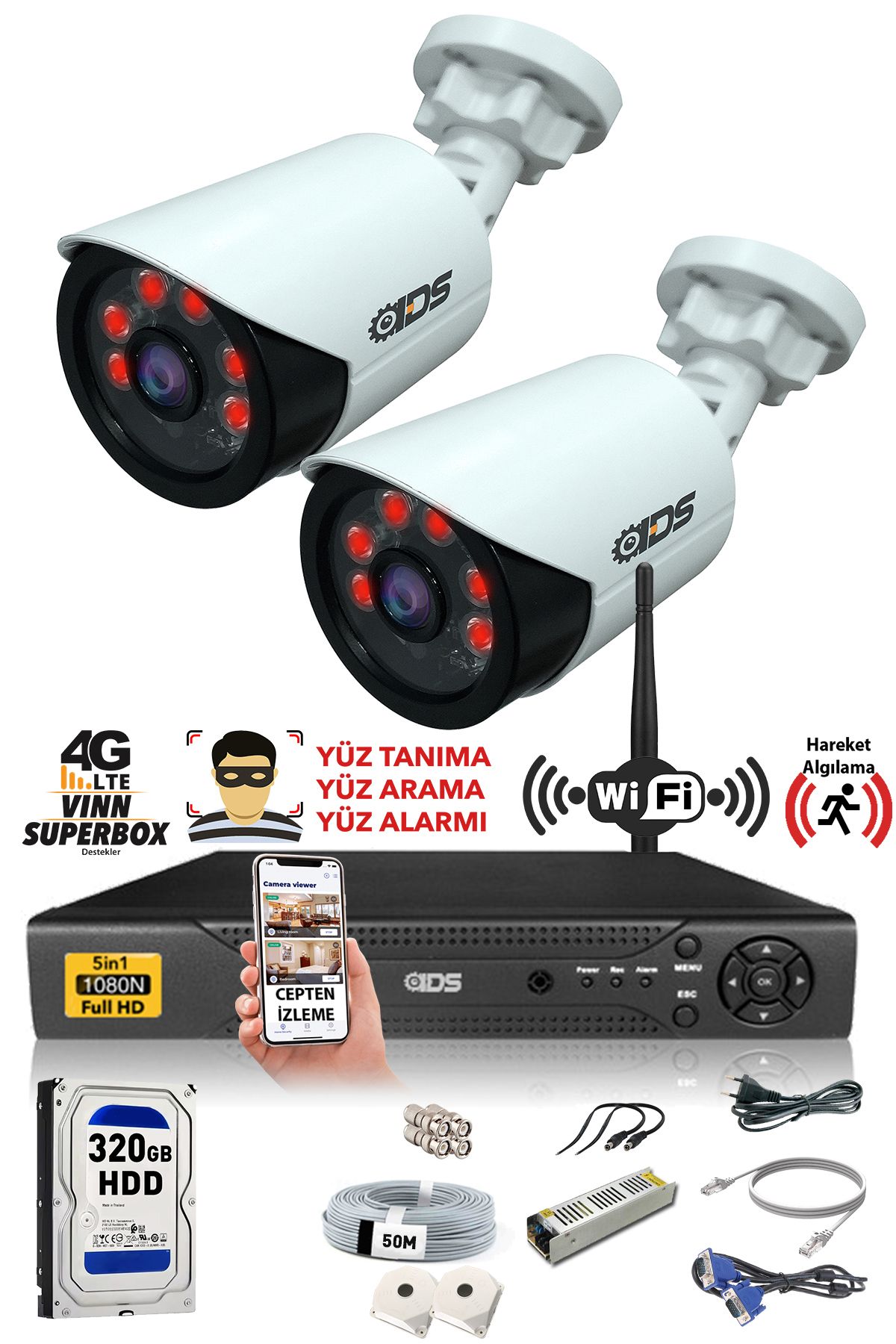 2 Kameralı 5mp Lensli 1080p Fullhd Kamera Seti - Gece Görüşlü - Su Geçirmez - Cepten Izle