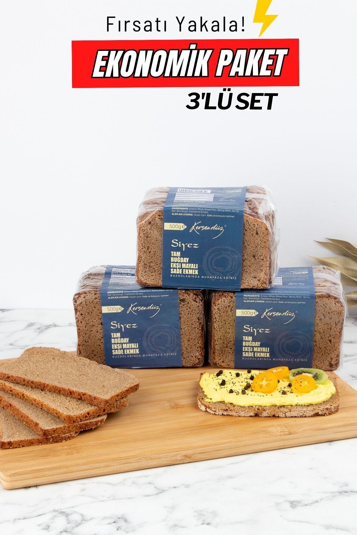 %100 Siyez Tam Buğday Ekşi Mayalı Ekmekler 3'lü Seçim 3x500gr (SADE-SADE-SADE)