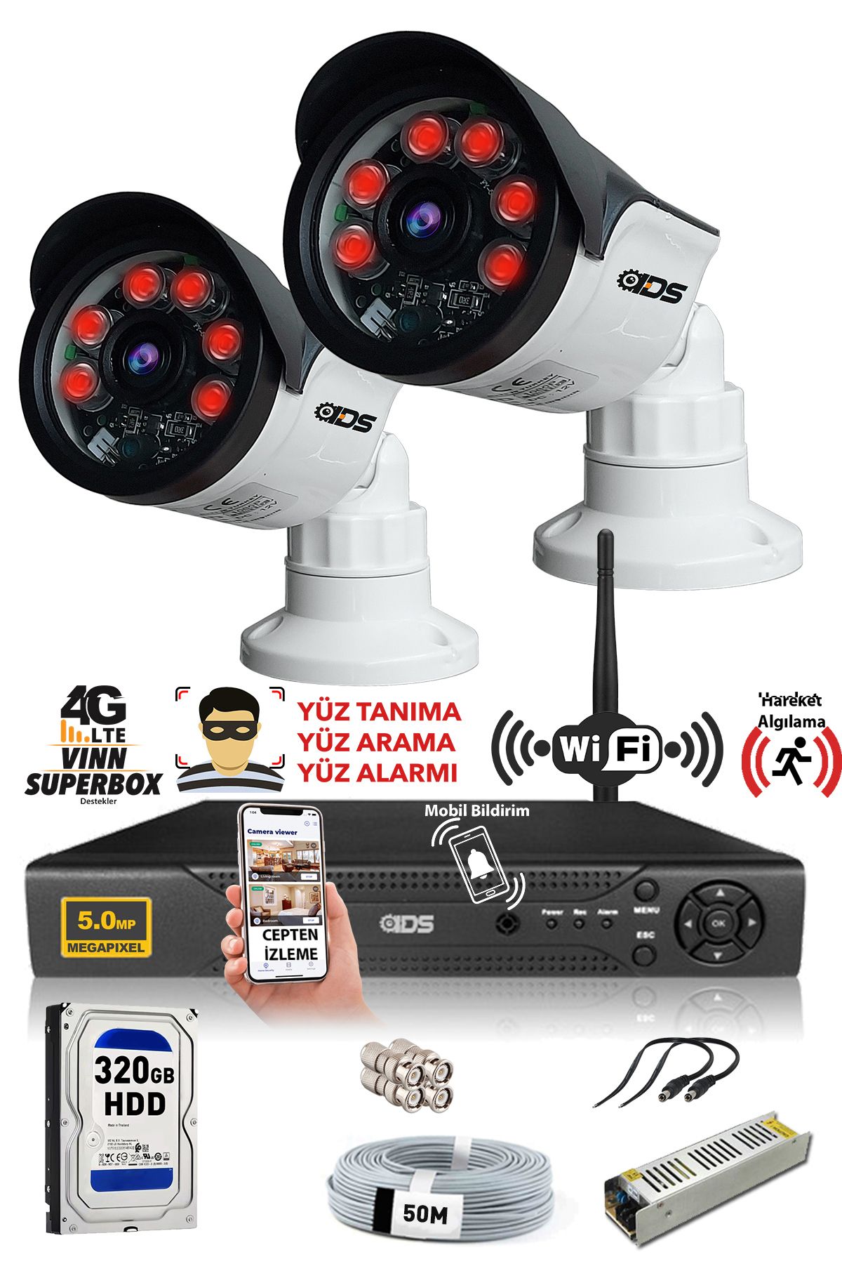 2 Kameralı Set - 5mp Sony Lensli Full Hd Gece Görüşlü Güvenlik Kamerası Sistemi - Cepten Izle