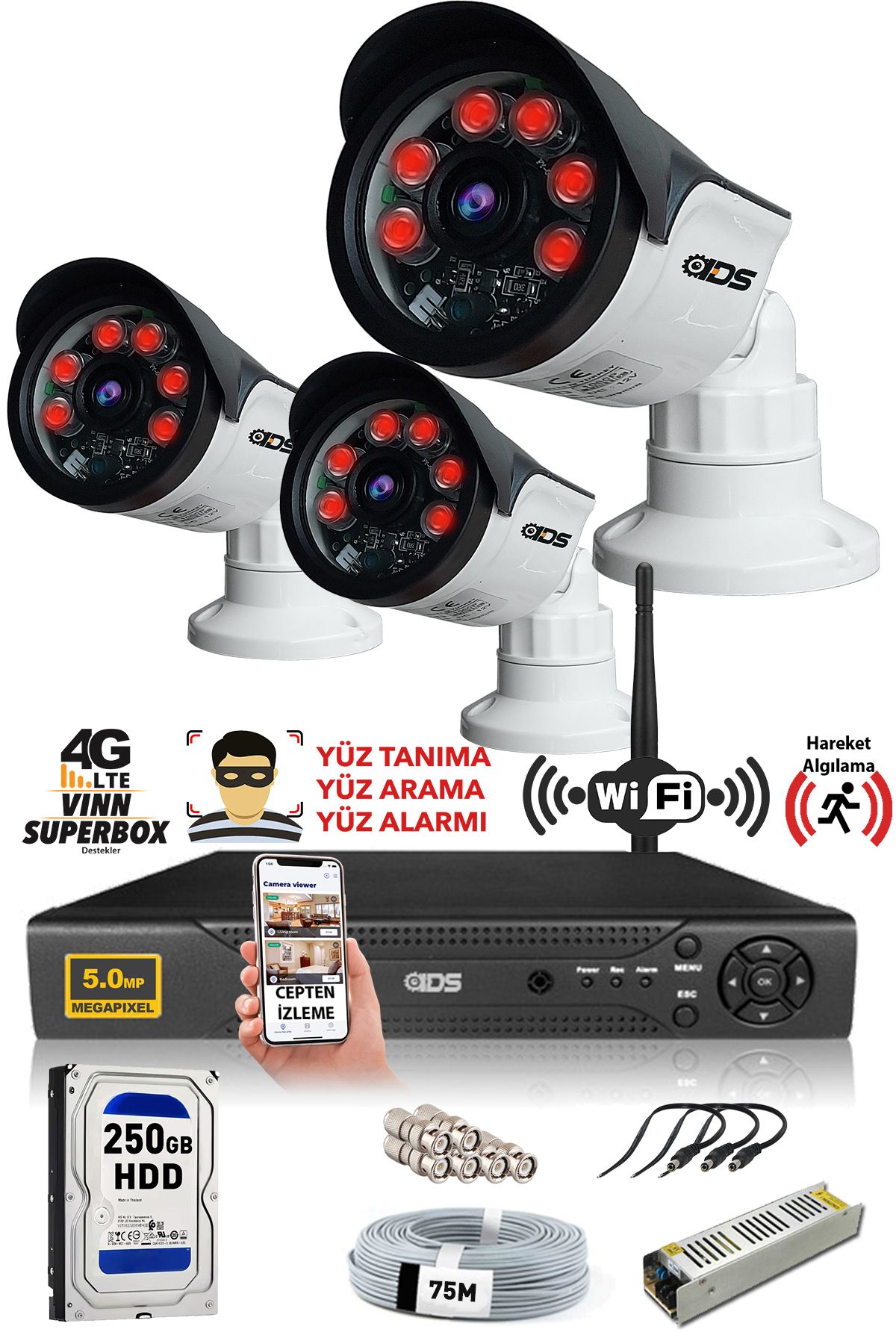 - 3 Kameralı 5mp Sony Lensli 1080p Fullhd Güvenlik Kamerası Sistemi - Cepten Izle - 250dış