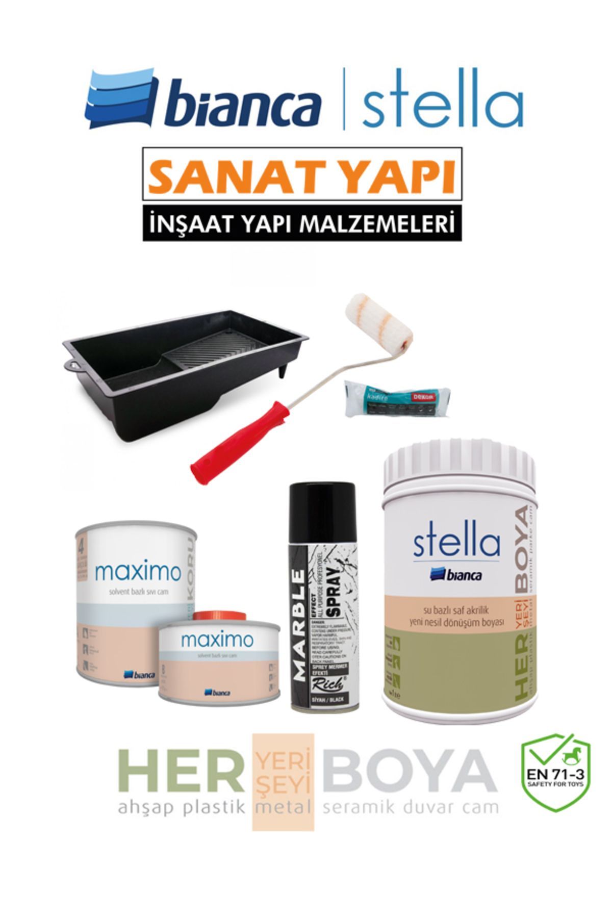 Set 1 Lt - Beyaz Boya + Siyah Mermer Effekt Sprey Rich + Maximo Sıvı Cam Parlak