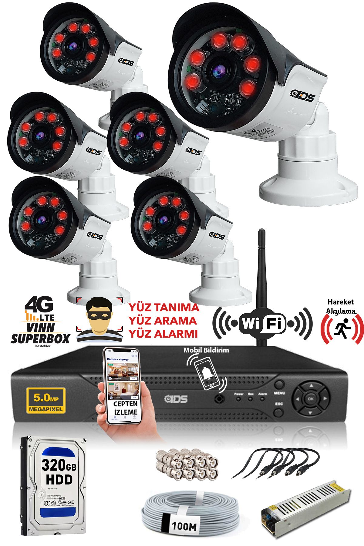 6 Kameralı Set - 5mp Sony Lensli Full Hd Gece Görüşlü Güvenlik Kamerası Sistemi - Cepten Izle