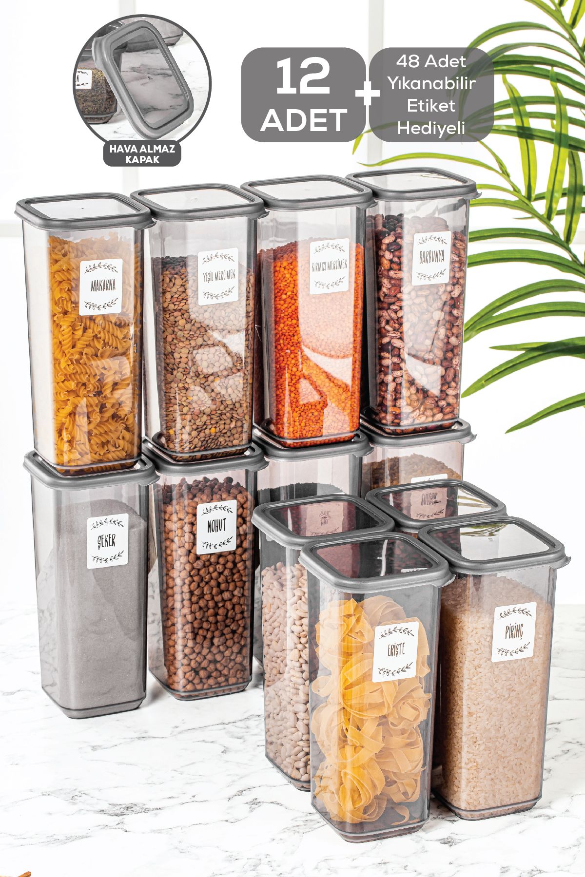 12'li Set Jumbo Boy Sızdırmaz Kapaklı Kare Erzak Saklama Kabı Antrasit 12 X 1.70 Lt Etiketli