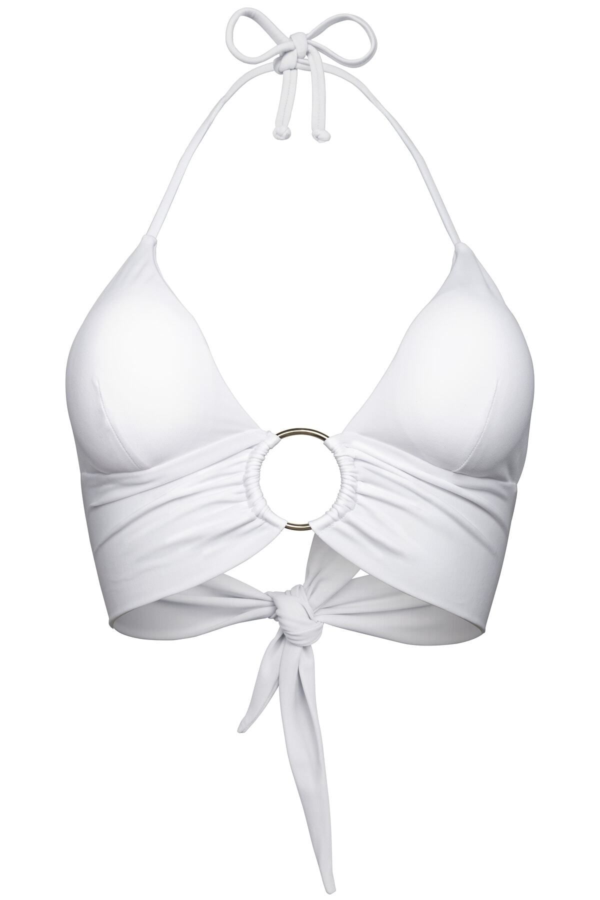Beyaz Halka Aksesuarlı Çift Kat Özel Koleksiyon Tulumlu Şık Bikini Üstü