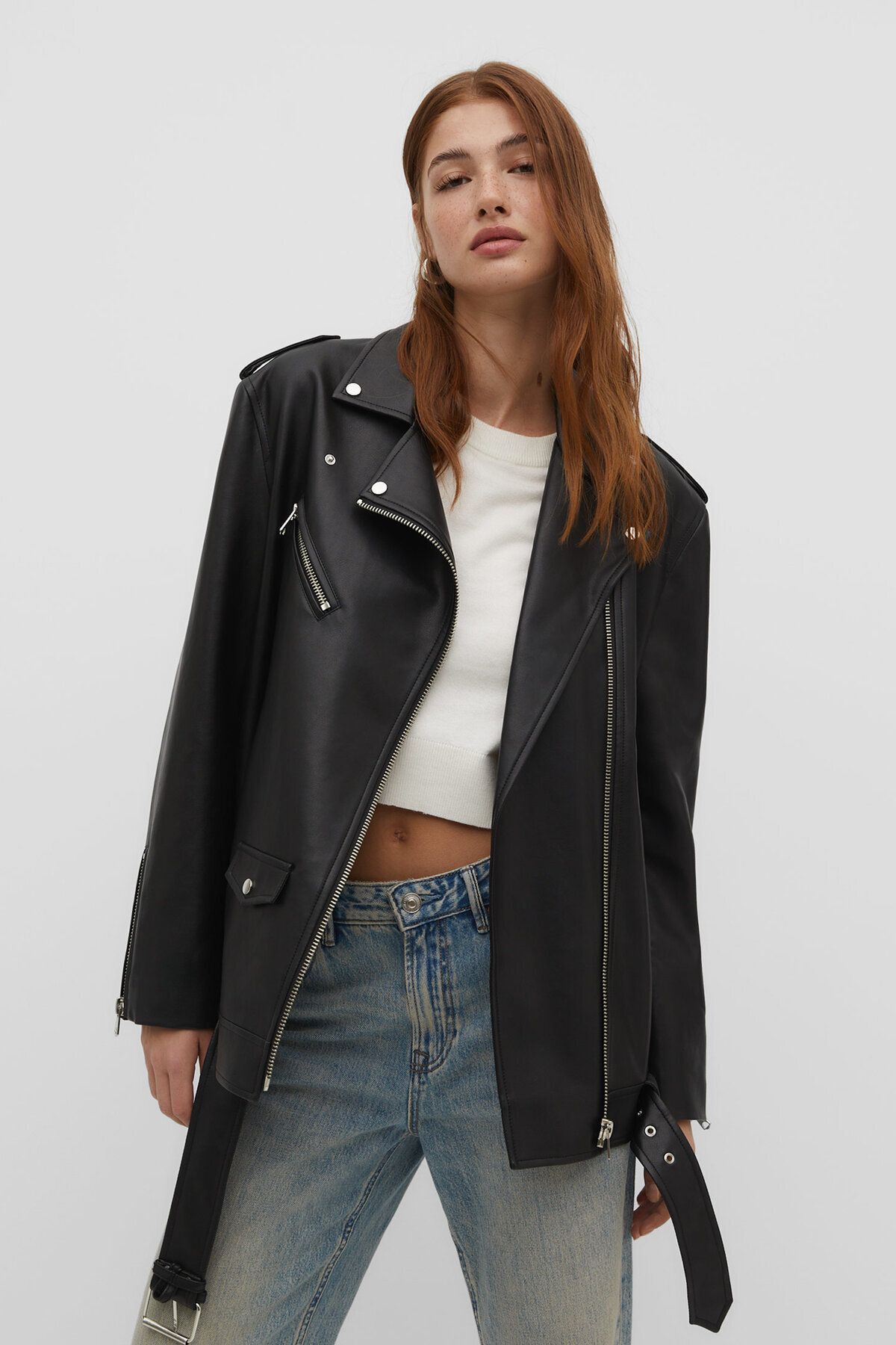 Suni Deri Oversize Biker Ceket