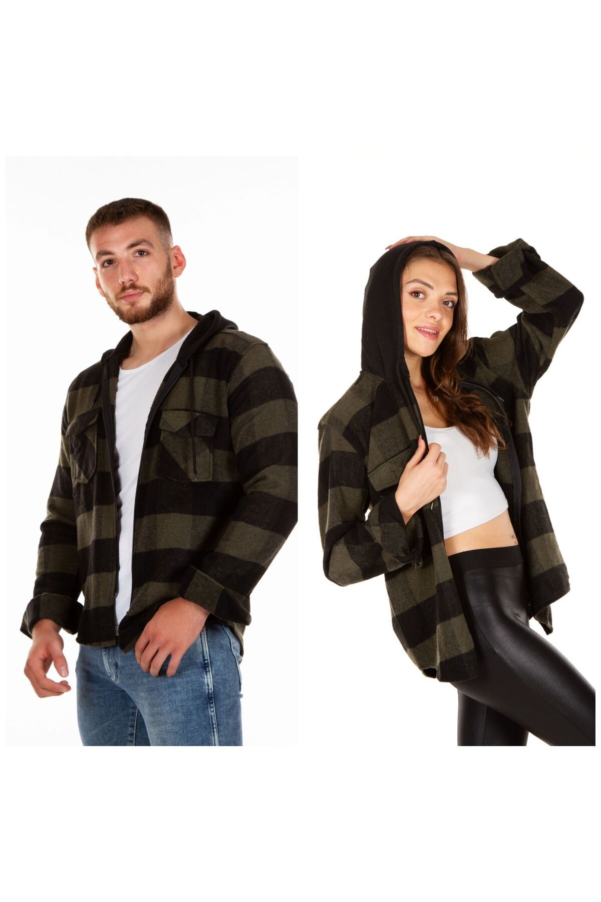 Kapüşonlu Fermuarlı Unisex Haki-siyah Oduncu Gömleği