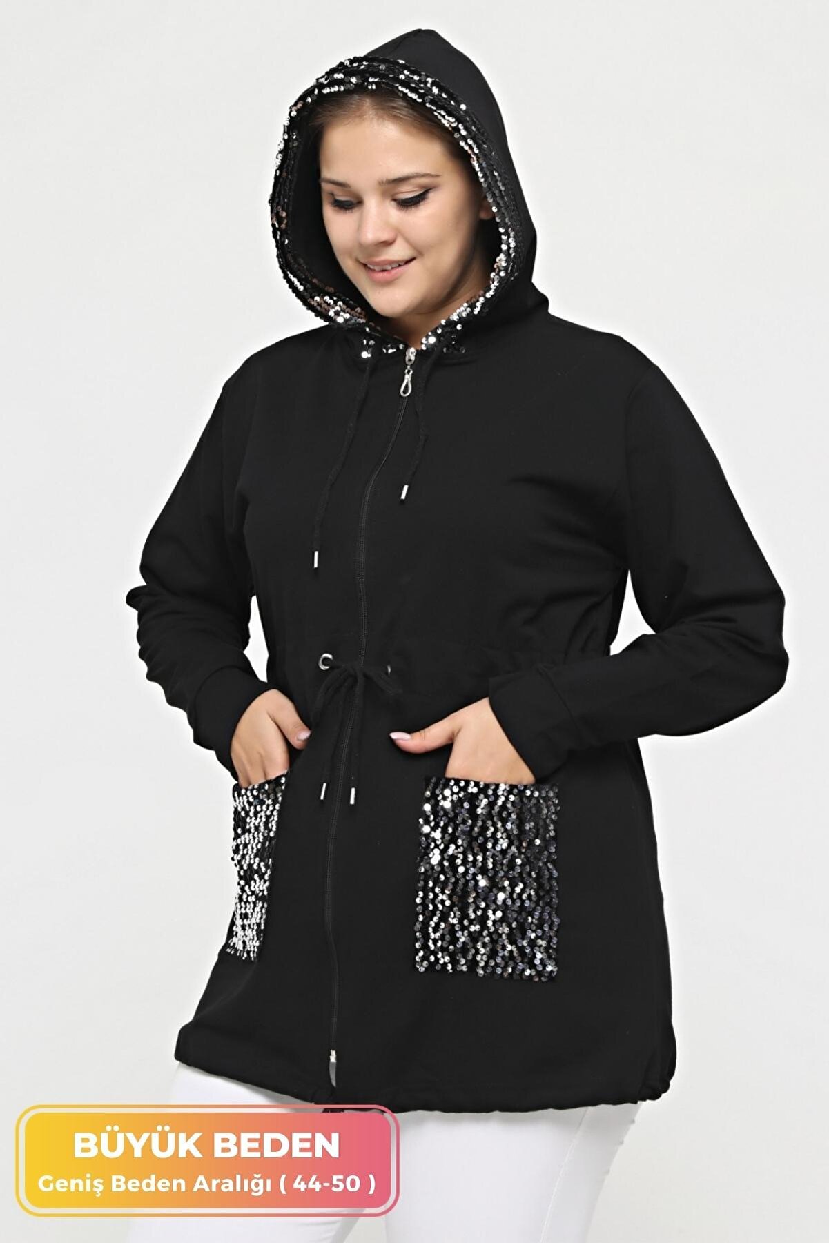 Kadın Büyük Beden Siyah Kapüşonlu Parlak Pul Detaylı Fermuarlı Cepli Rahat Kalıp Şık Sweatshirt