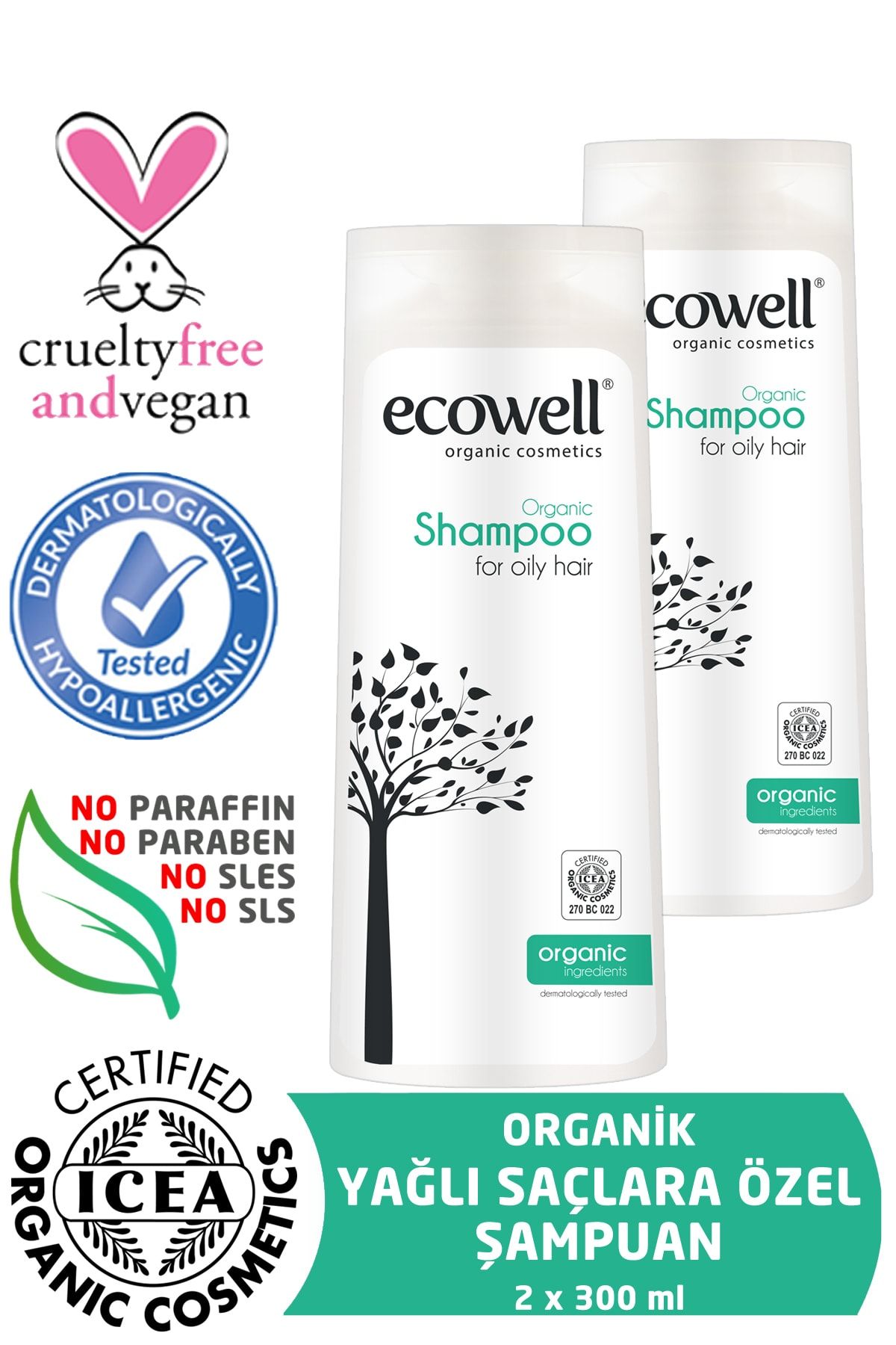 Ecowell Yağlı Saçlar İçin Organik Şampuan 2'li Set  (2 X 300 ml)