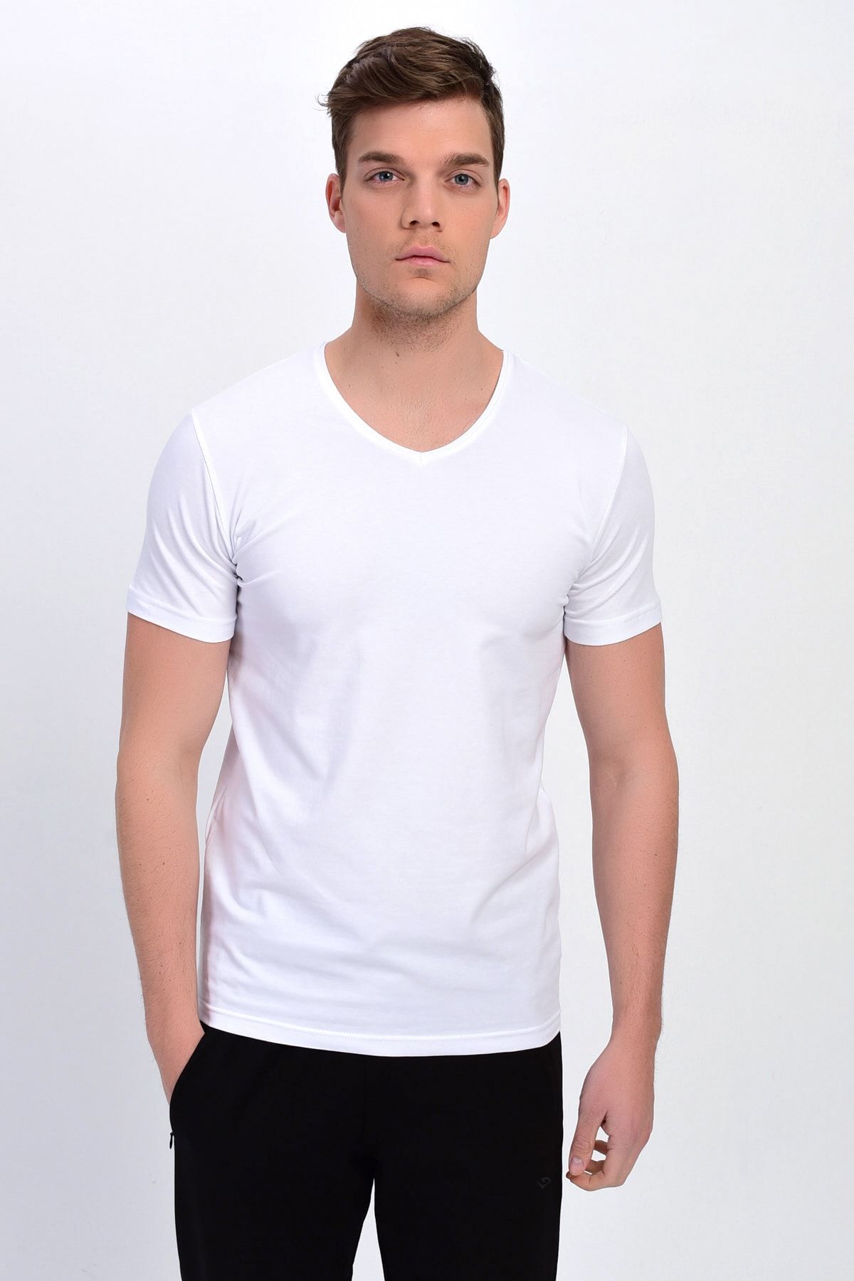 Dynamo Erkek Beyaz Büyük Beden V Yaka Likralı Basic T-shirt