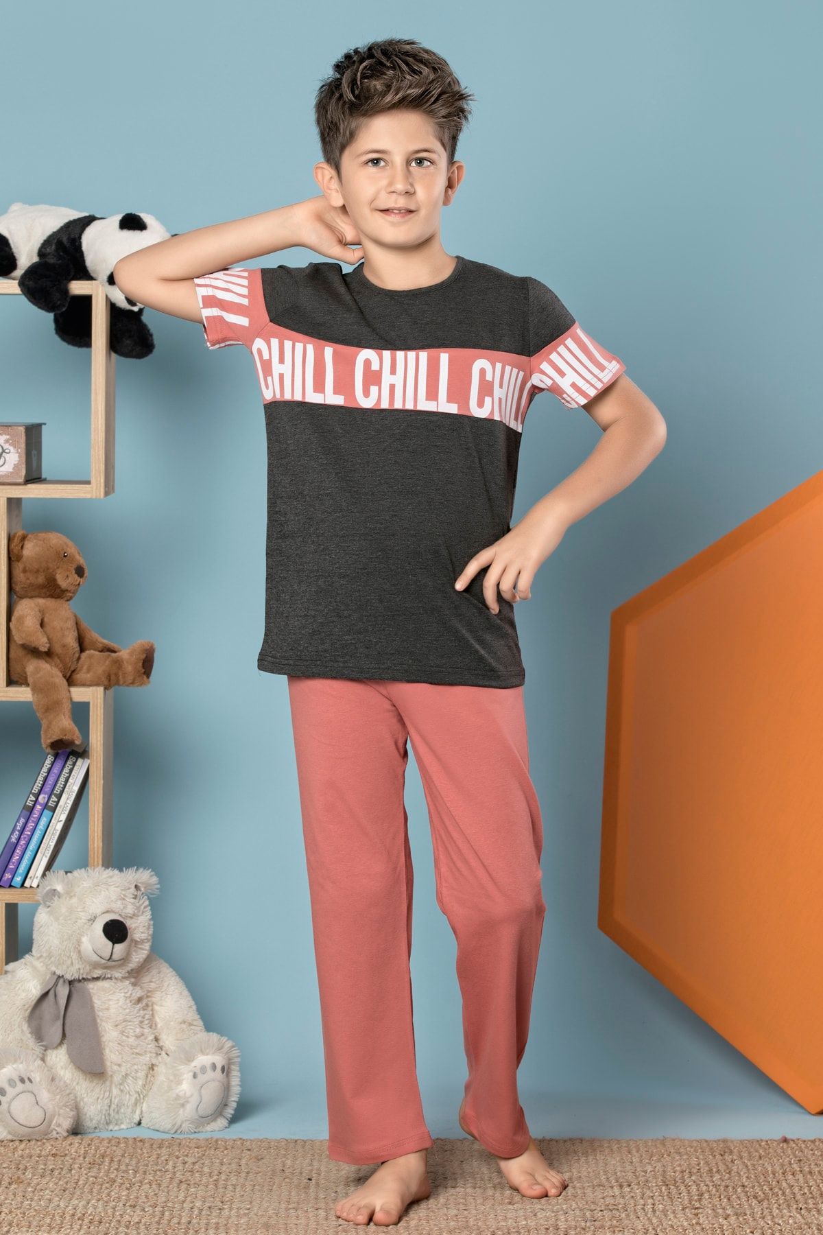 Siyah İnci Erkek Çocuk Antrasit Kısa Kollu Pamuklu Likralı Pijama Takım