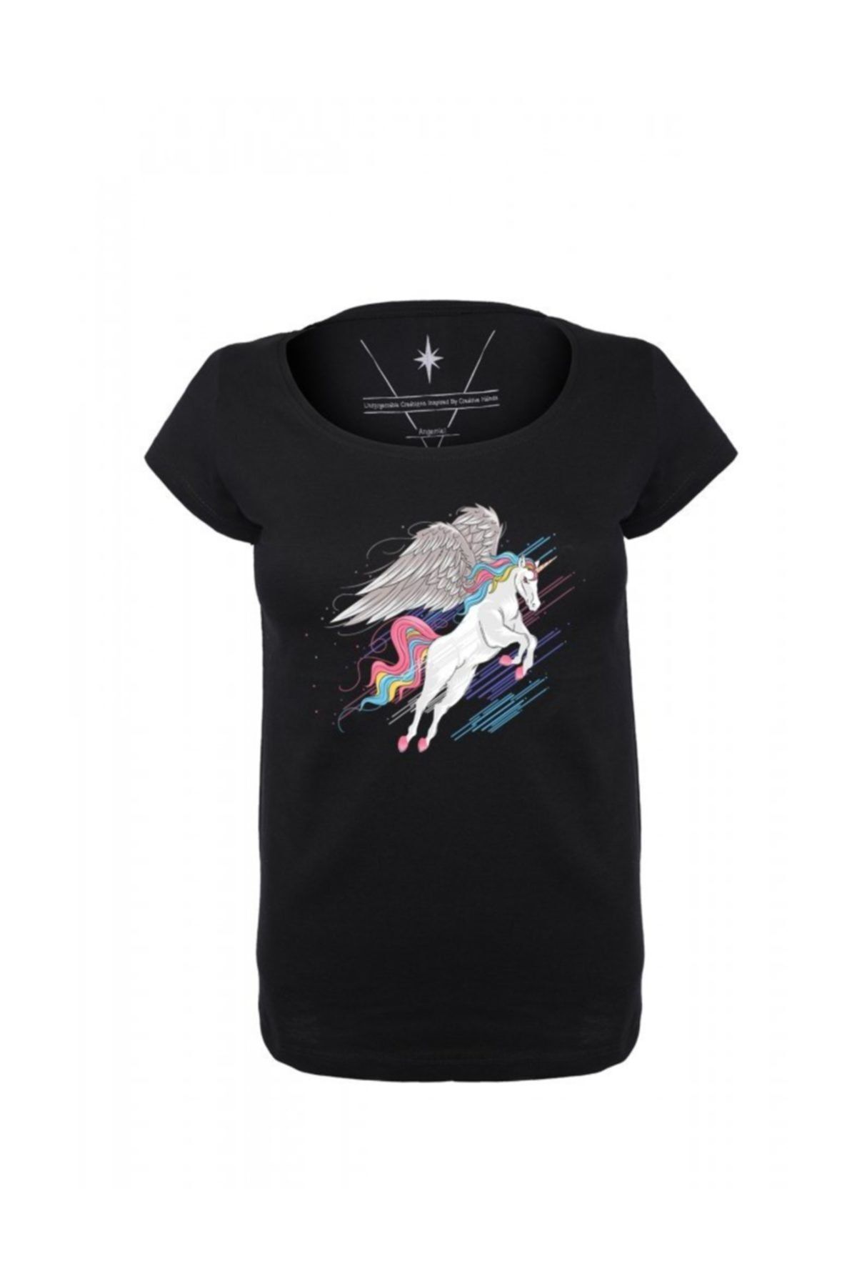 Angemiel Kadın Wear Renkli Çizgilerle Uçan Unicorn Pamuklu Siyah Tişört 3027936