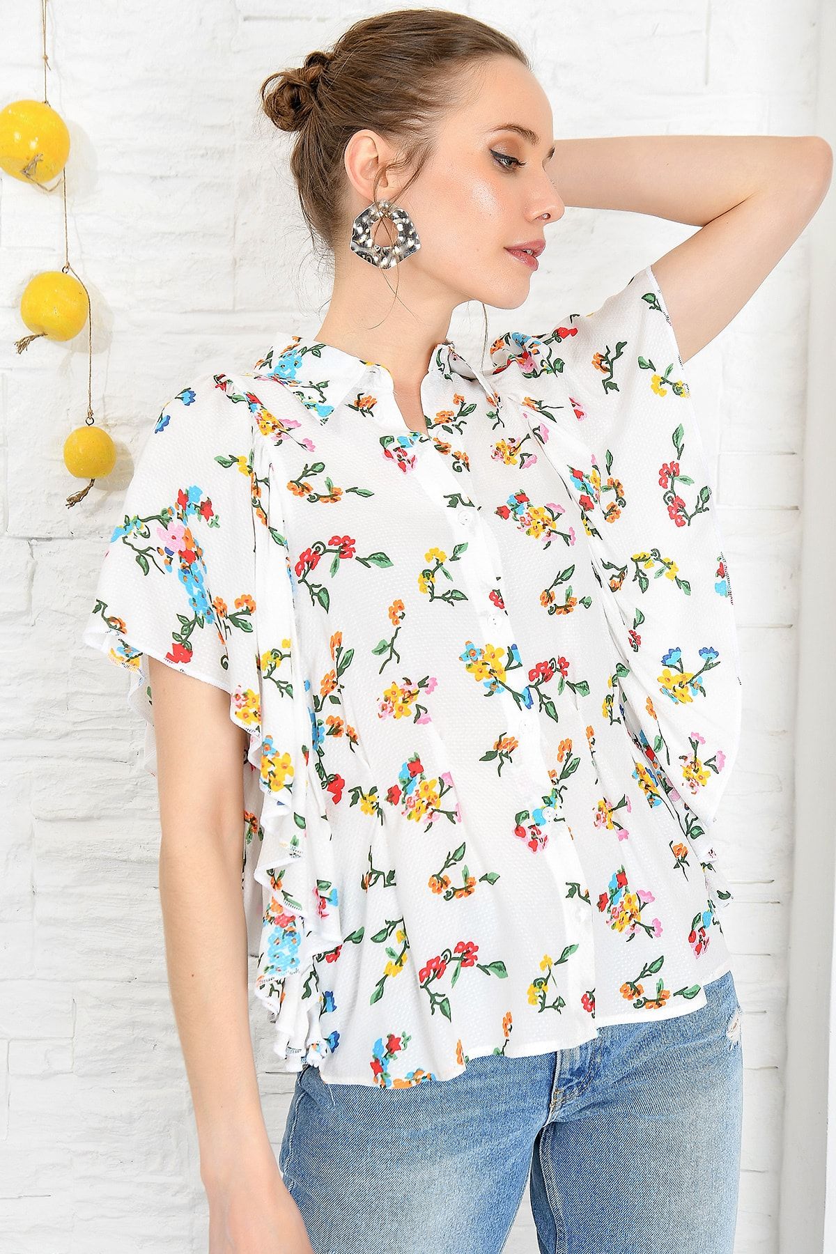 Trend Alaçatı Stili Kadın Multi Desenli Volanlı Dokuma Gömlek DNZ-3159
