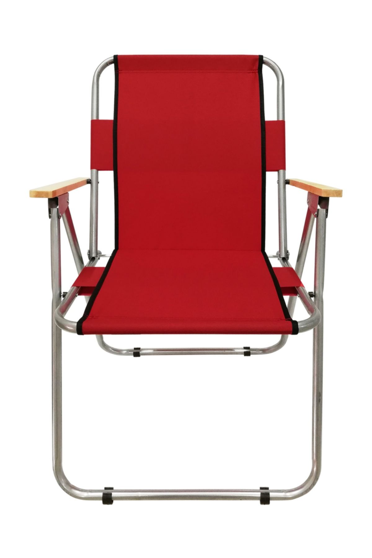 Tedarikcenter Kamp Sandalyesi Ahşap Kollu Katlanır Kamp Sandalyesi - Kırmızı