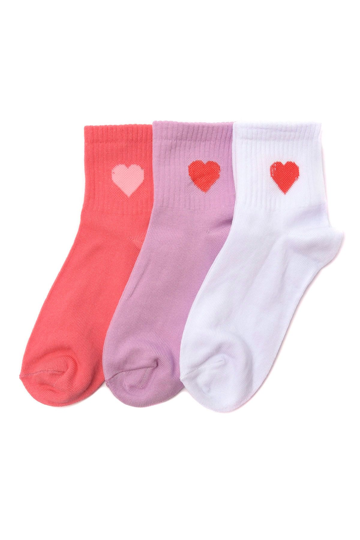 TRENDYOLMİLLA Lila Kalp Nakışlı 3'lü Paket Örme Çorap TWOSS20CO0032