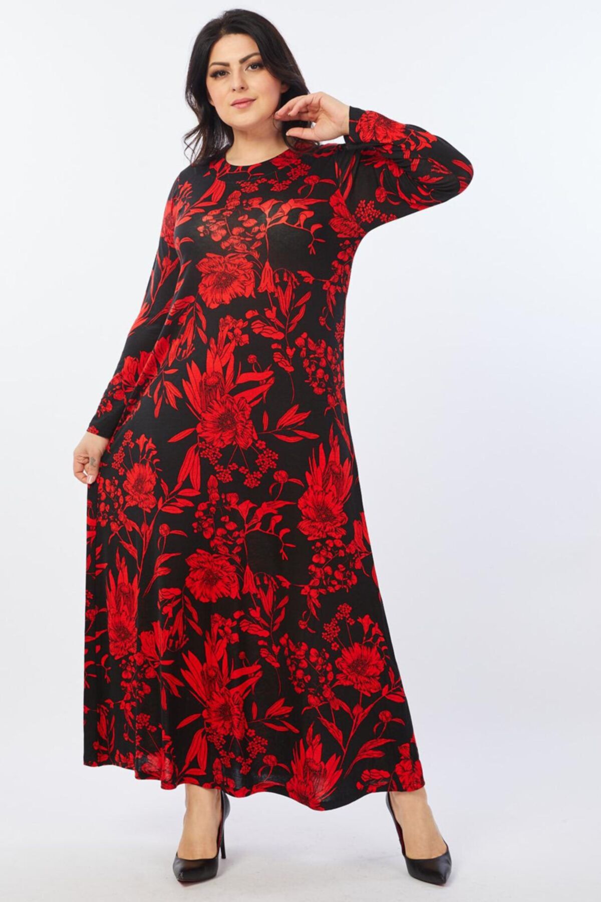 Mooi XXL Kadın Siyah Kırmızı Floral Desenli Esnek Viskon Elbise
