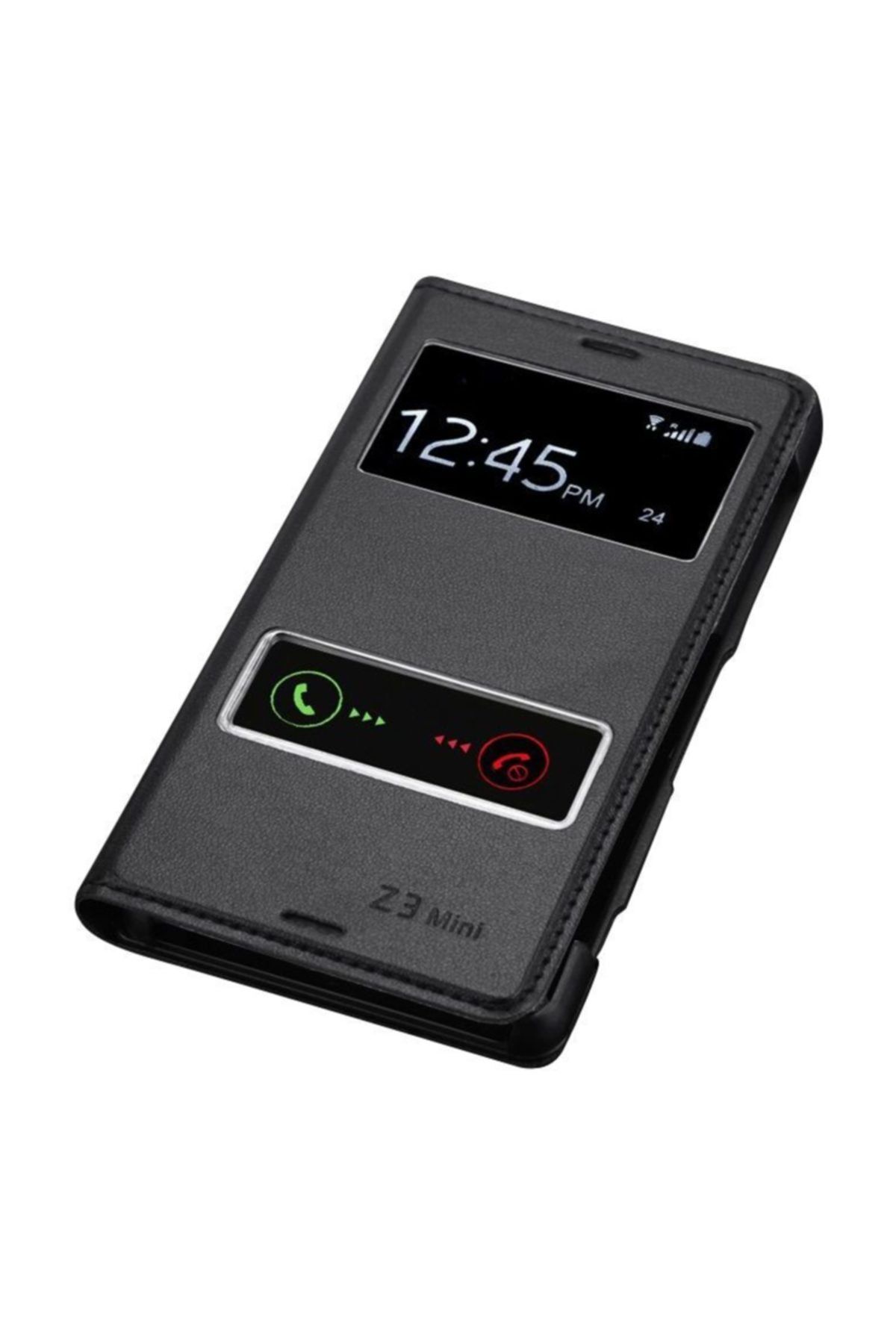 FitCase Sony Xperia Z3 Mini S View Dikişli Deri Çift Pencereli Kılıf Siyah