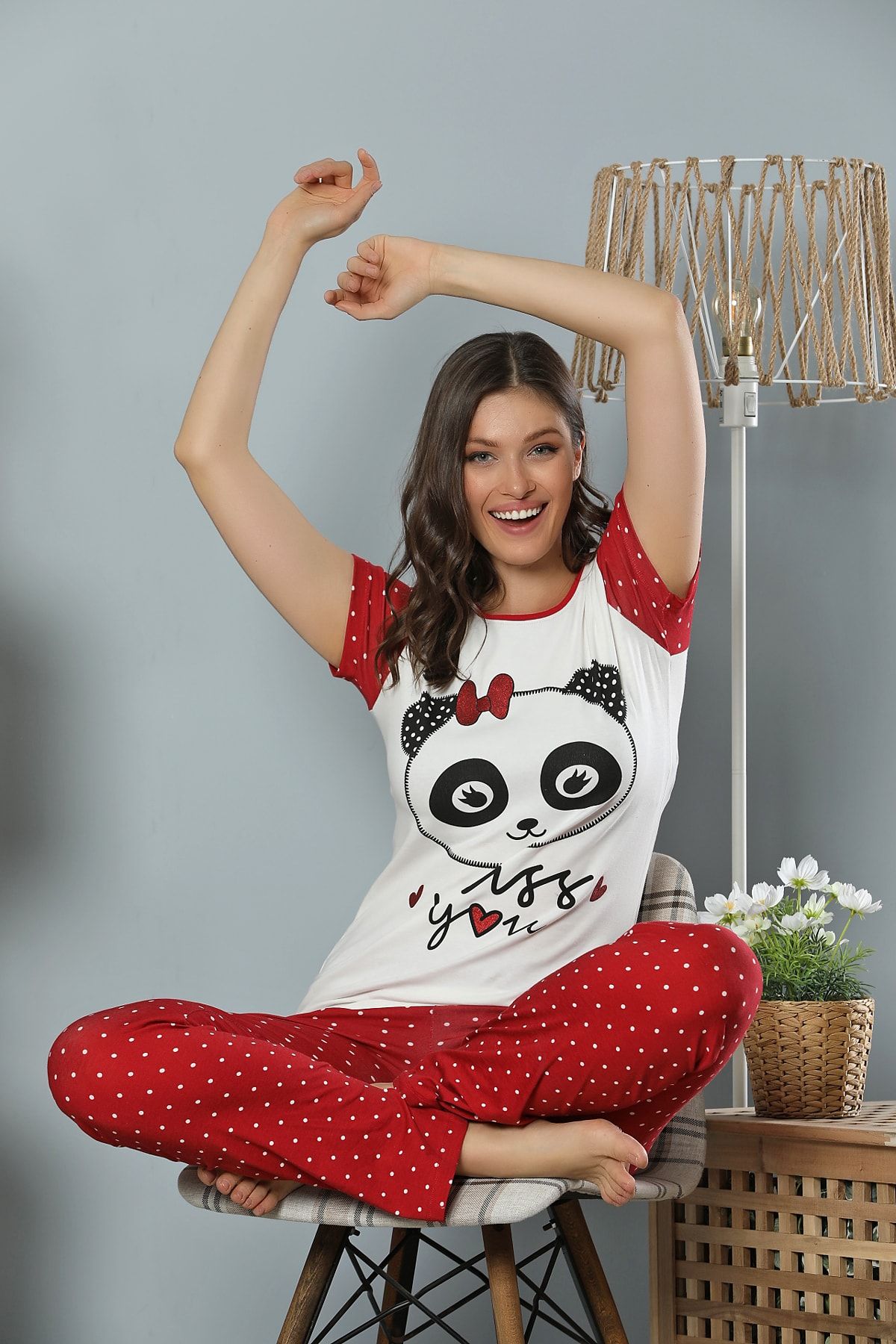 ELİTOL Kadın Kırmızı Baskılı Pamuklu Likralı Pijama Takım