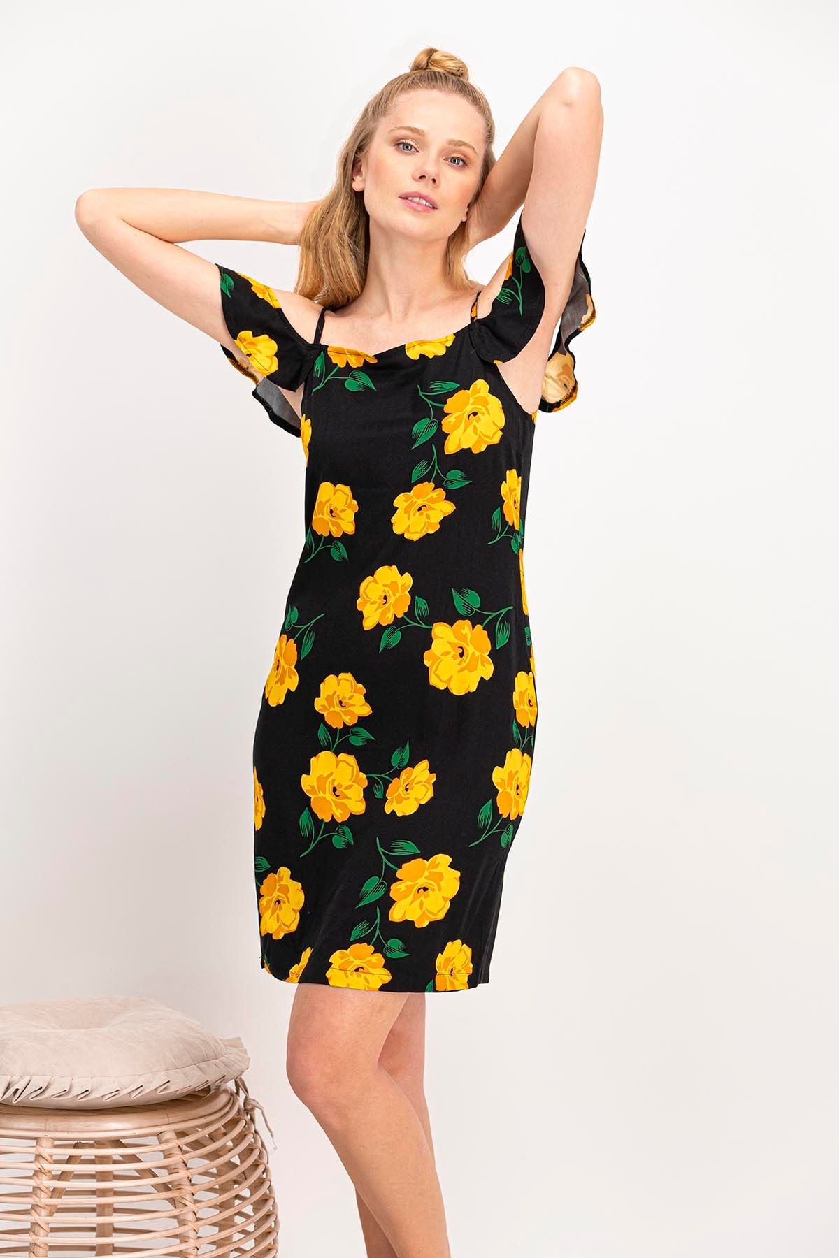 Arnetta Kadın Yellow Rose Siyah Homewear Elbise