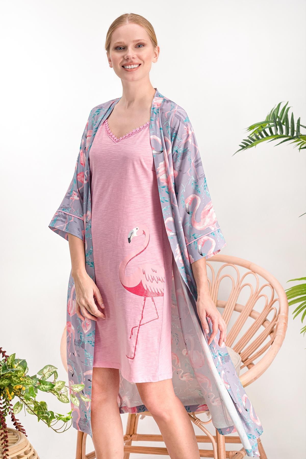 Arnetta Kadın Flamingo Lila Kimono, Gecelik 2'Li Takım