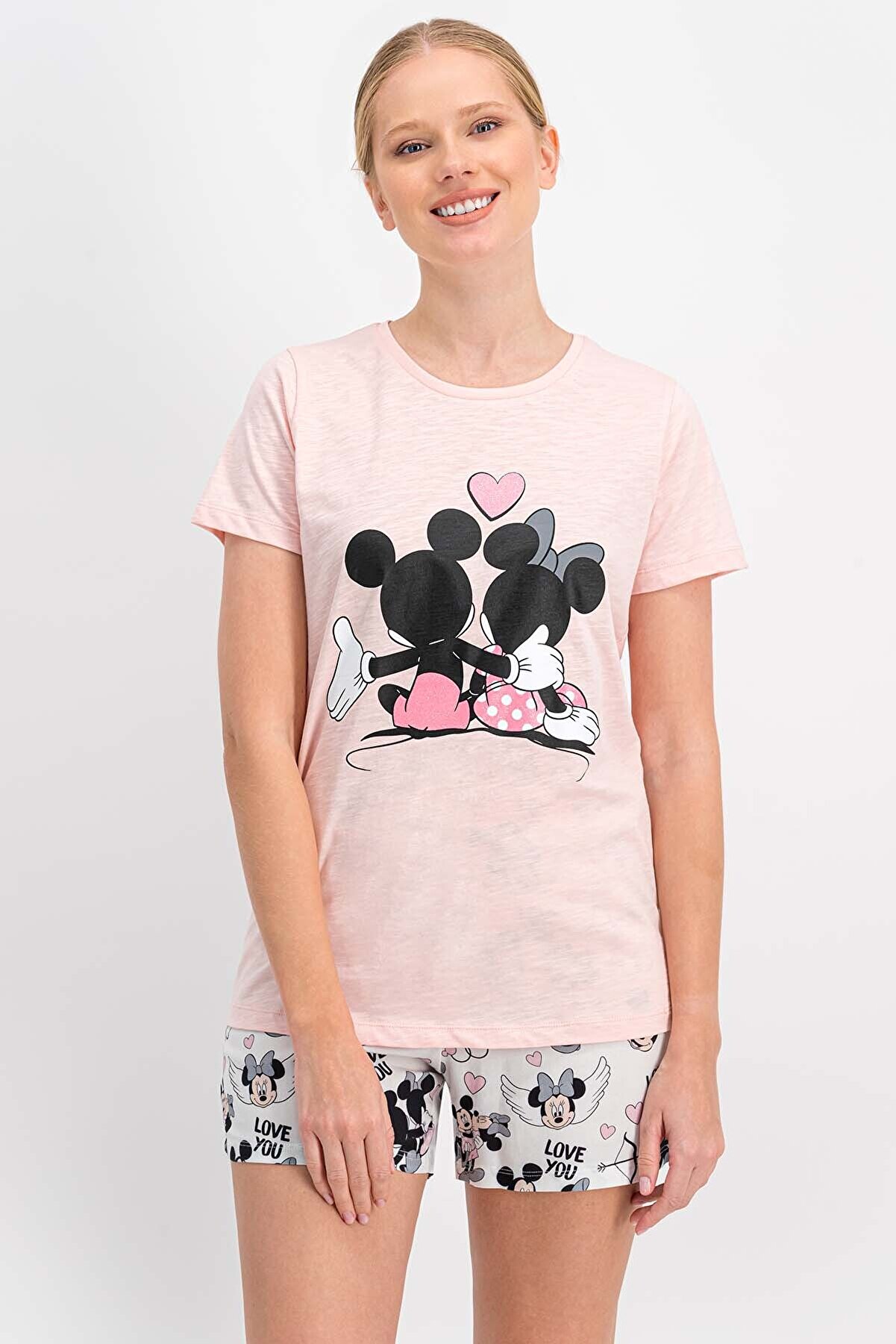 Mickey & Minnie Mouse Kadın Mickey Mouse Lisanslı Somon Şort Takım