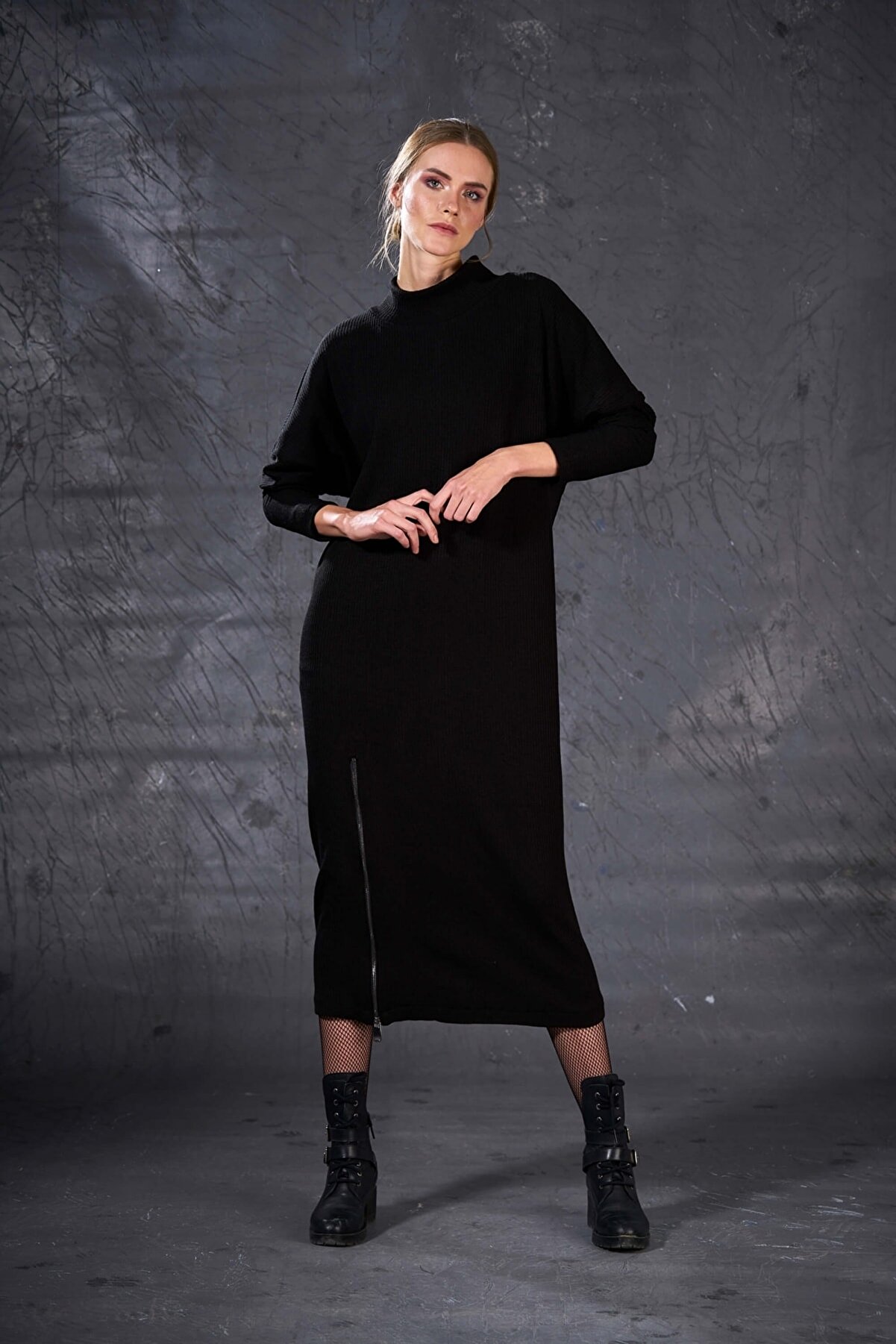 Eda Atalay Kadın Fermuar Detaylı Triko Elbise Siyah 4921