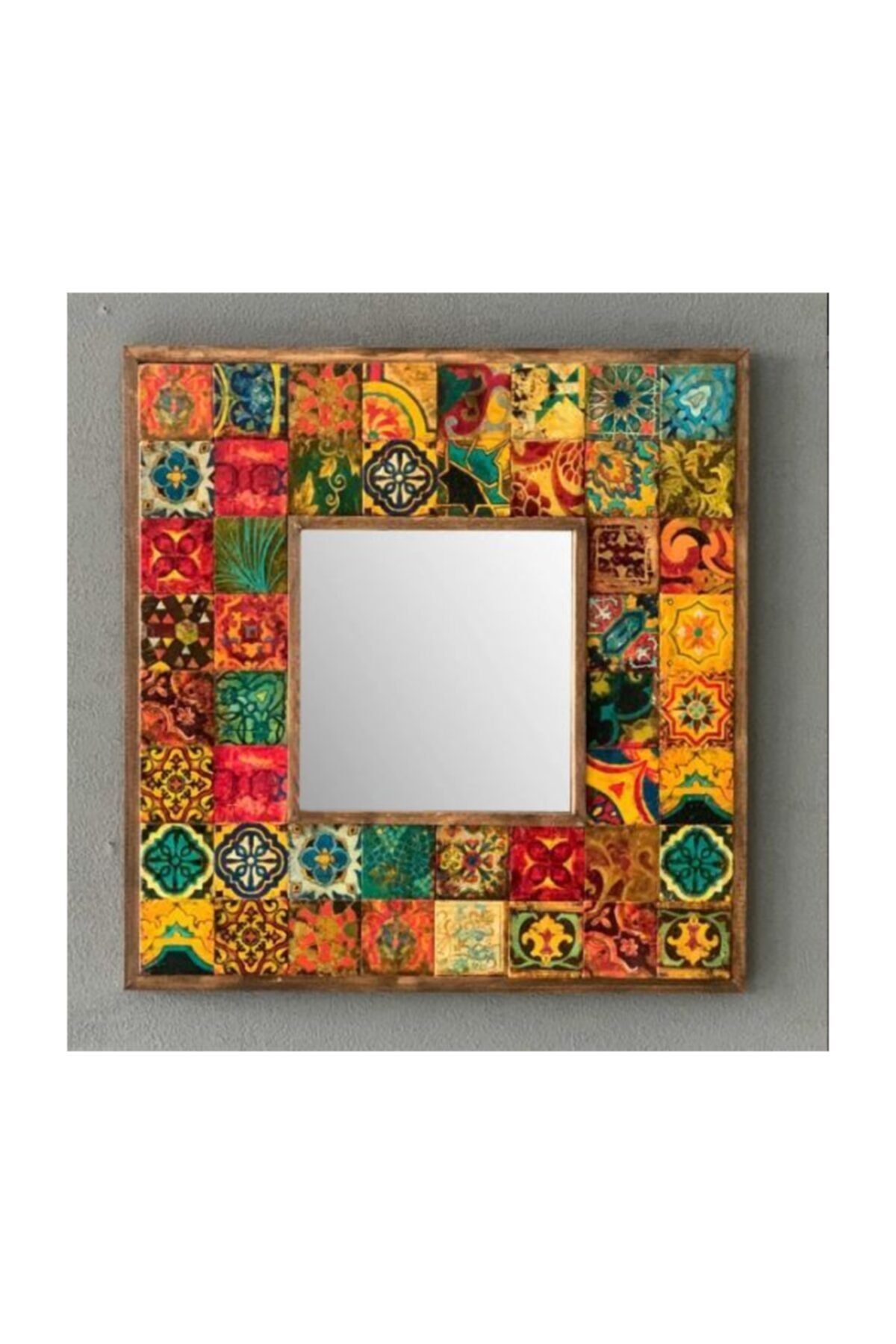Oscar Stone Decor Ahşap Çerçeveli Taş Ayna 43 X 43 cm Morocco Desen Mozaik Ayna