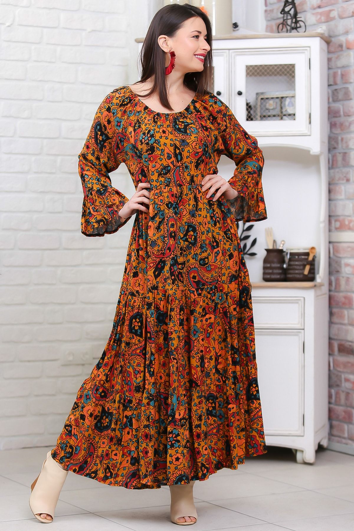 Chiccy Kadın Kiremit Bohem Çiçek Desenli Kolları Volanlı Dokuma Elbise M10160000EL96973