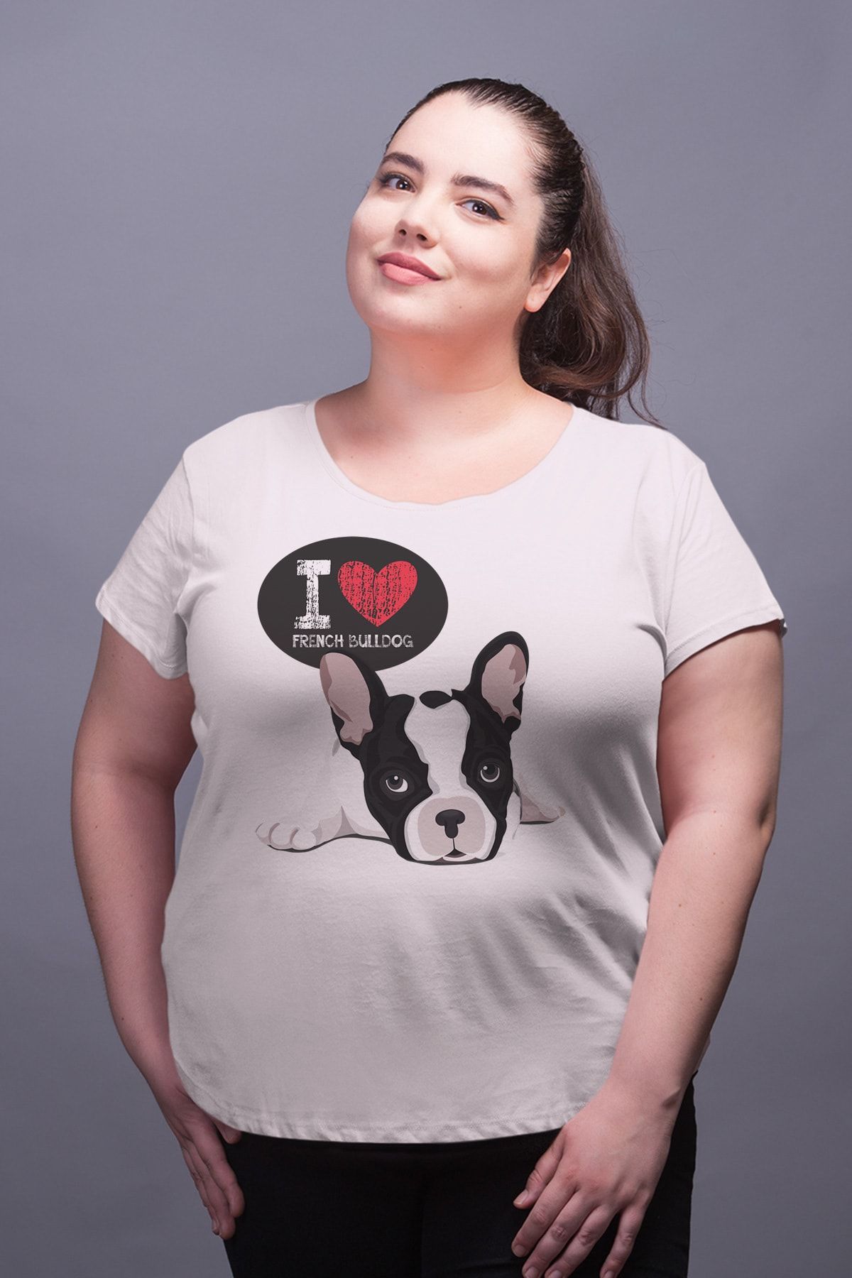 Angemiel Wear Bulldog Beyaz Kadın Pamuklu Büyük Beden Tişört
