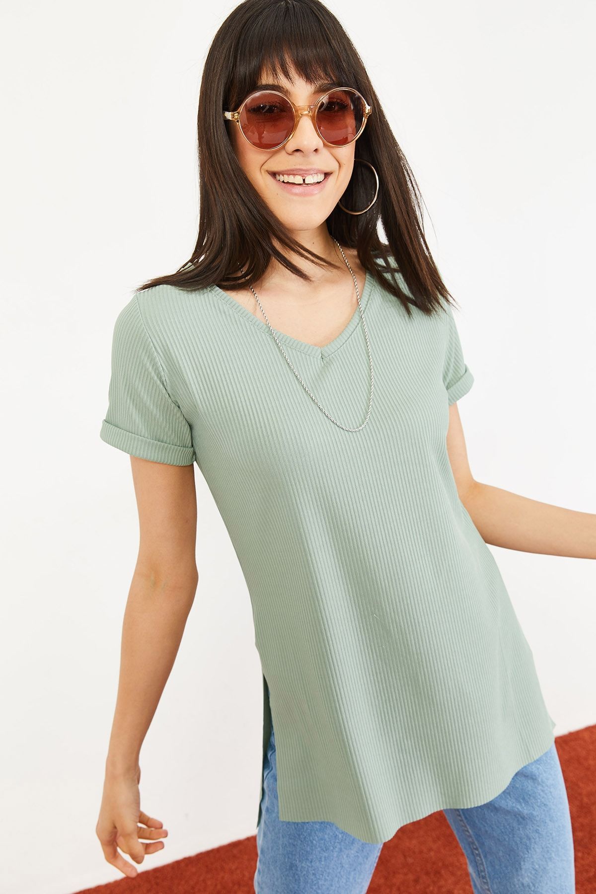 Bianco Lucci Kadın Mint Yeşili Kol Yan Yırtmaçlı Kol Detay Kaşkorse T-Shirt 10051012