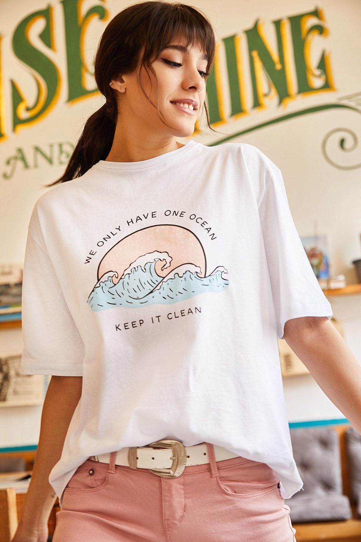 Olalook Kadın Beyaz Ocean T-shirt TSH-19000294