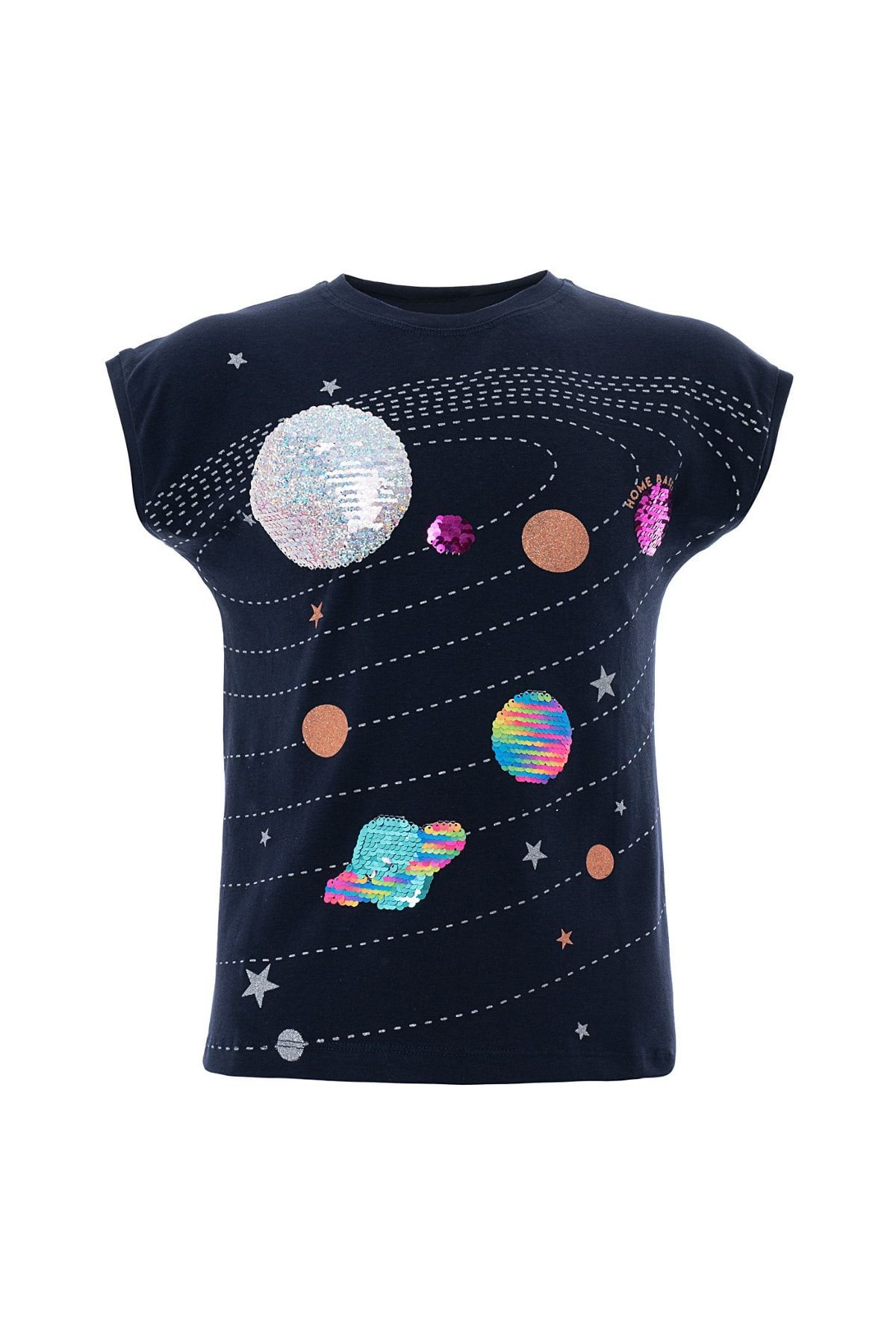 AcarKids Kız Çocuk Tişört Gezegen Pullu Baskı T-Shirt 9-12 Yaş Lacivert